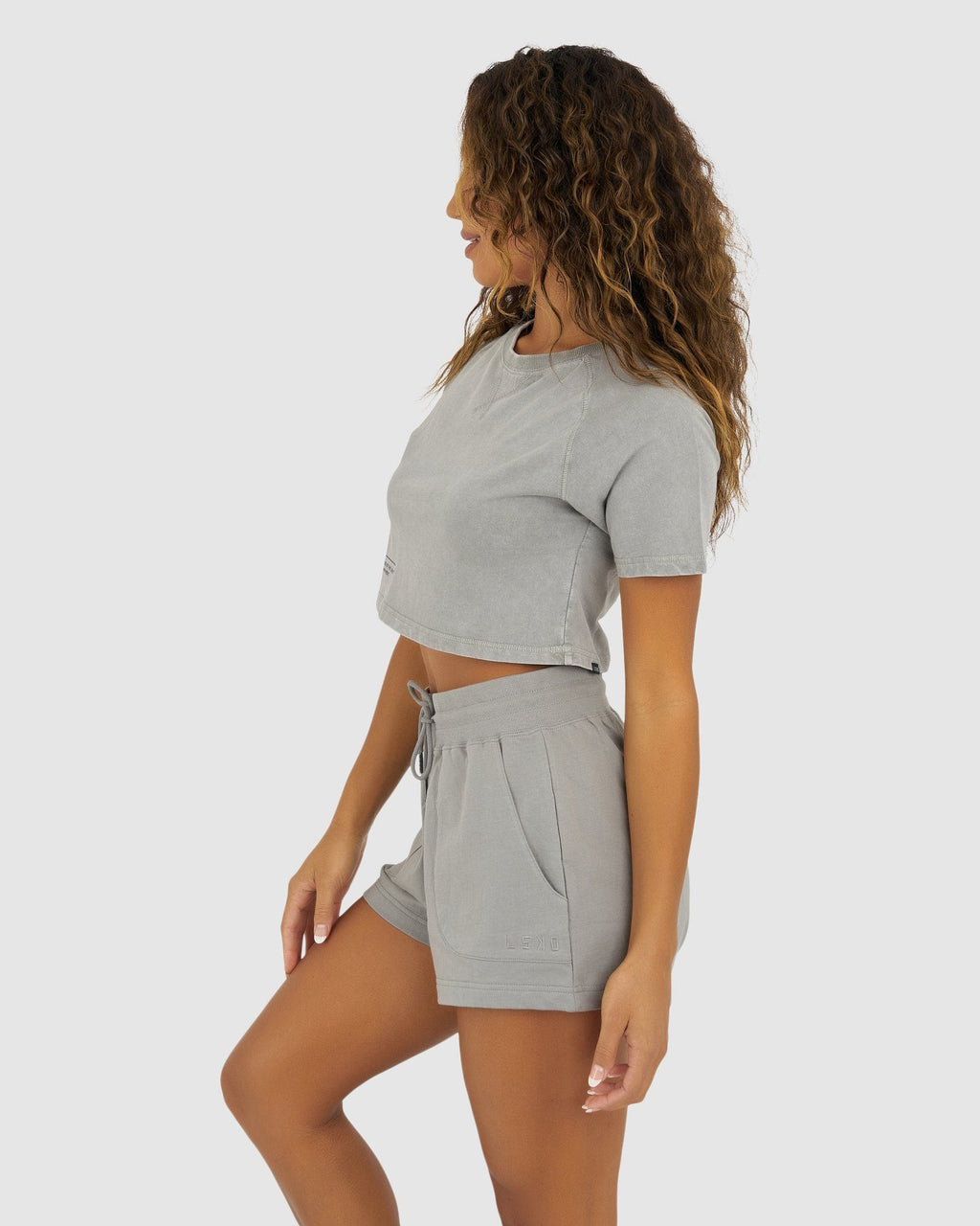 Model wearing Crew Crop Tee - Pigment Pewter