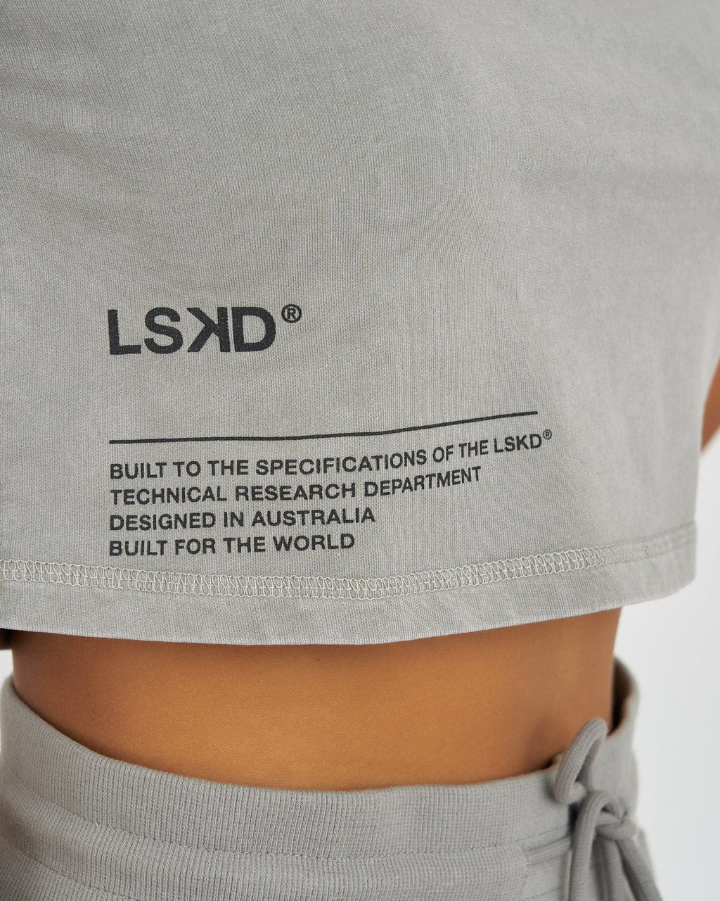 Model wearing Crew Crop Tee - Pigment Pewter