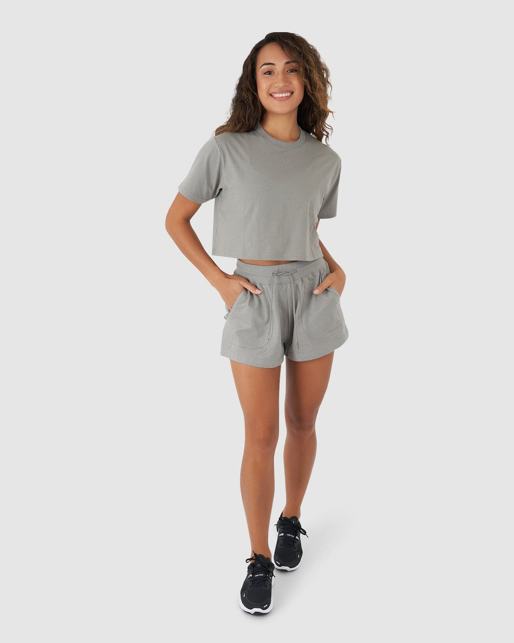 Model wearing Field Crop Tee - Frost Grey