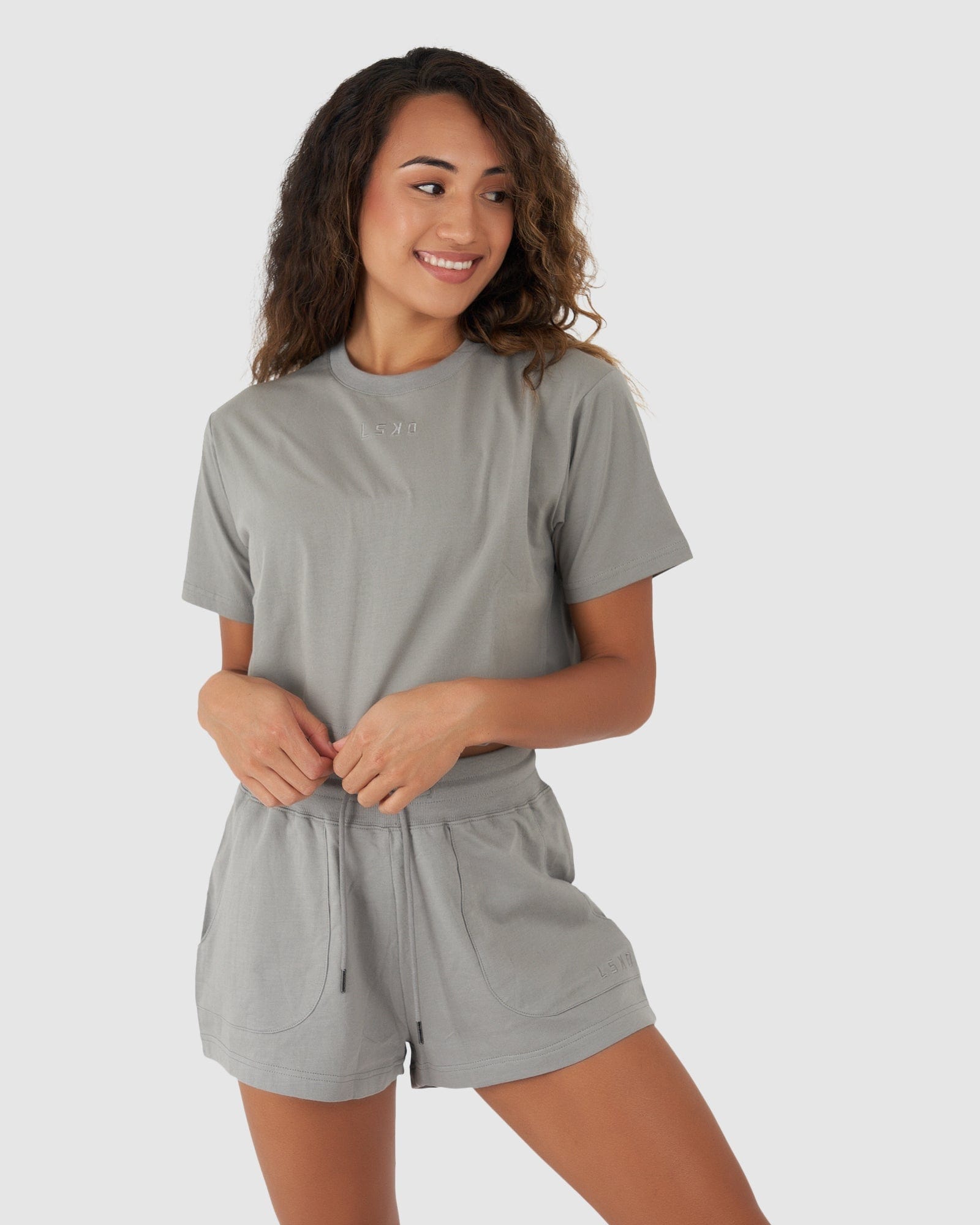 Model wearing Field Crop Tee - Frost Grey