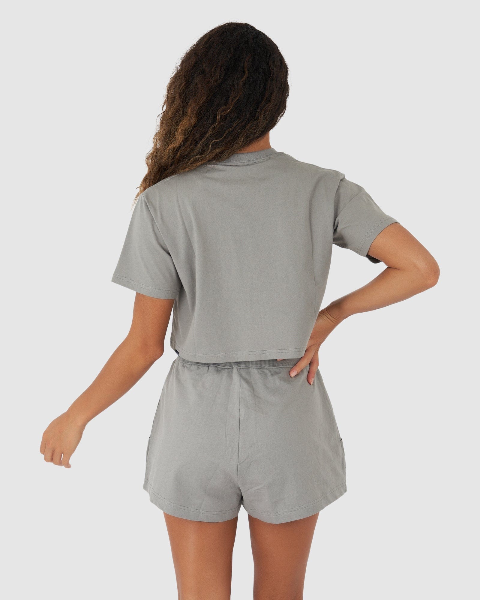 Model wearing Field Crop Tee - Frost Grey