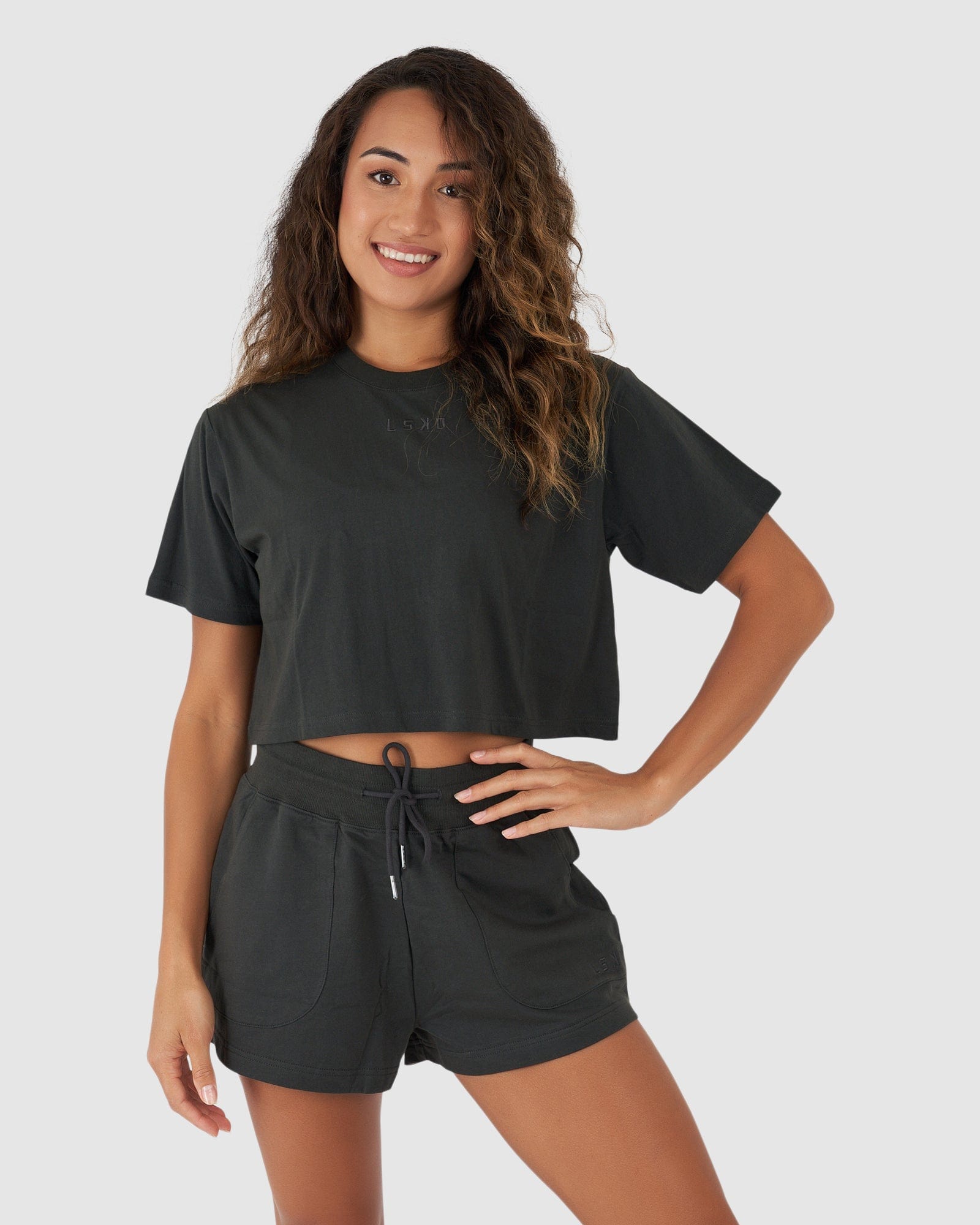 Model wearing Field Crop Tee - Pirate Black