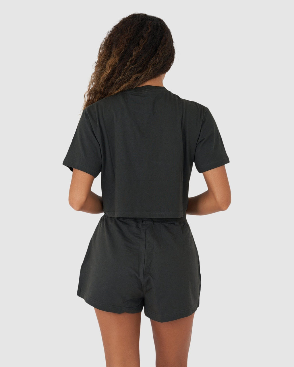 Model wearing Field Crop Tee - Pirate Black