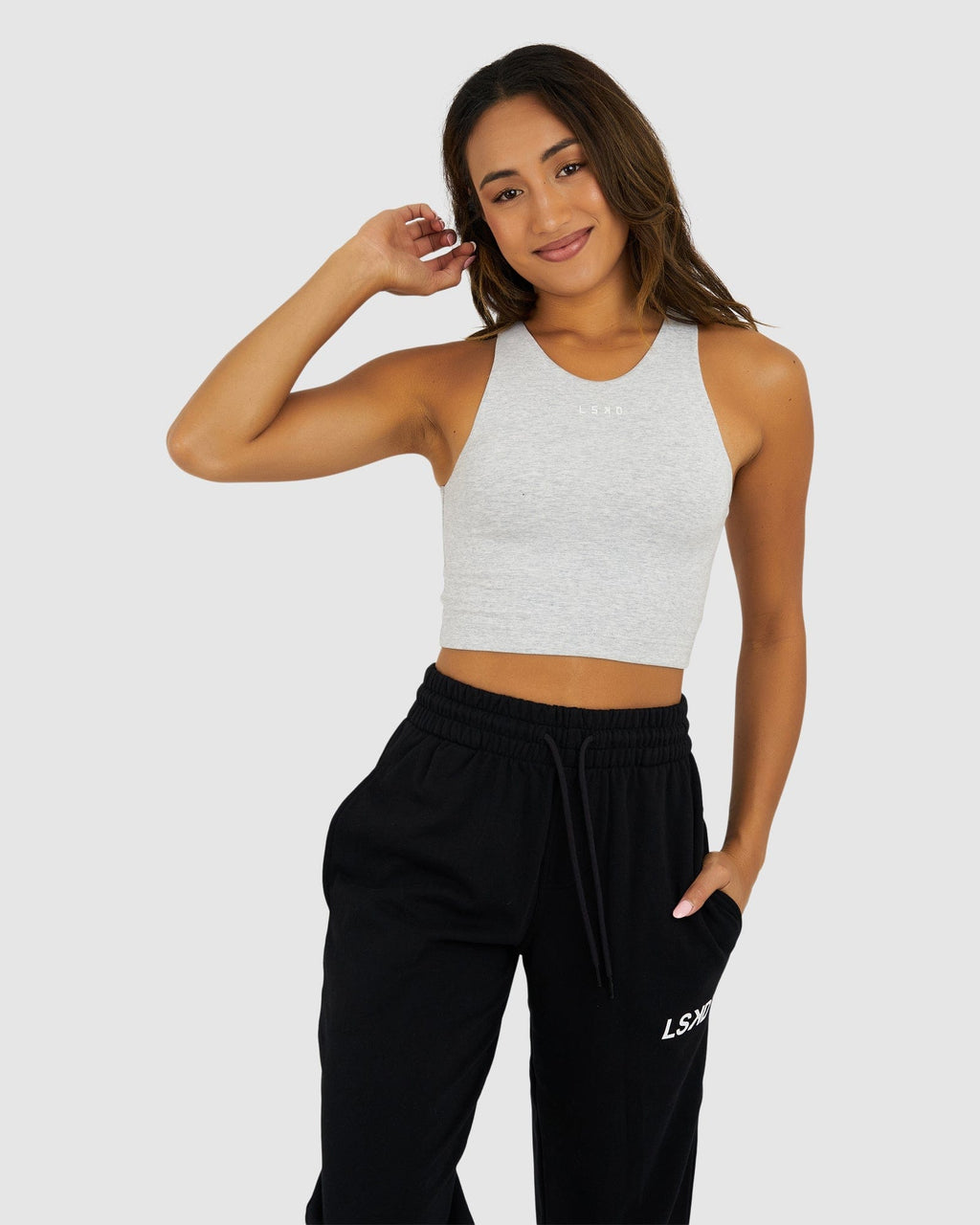 Model wearing Warm-Up Tank - Lt Grey Marle