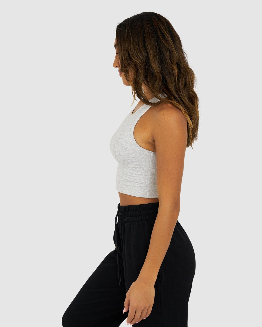 Model wearing Warm-Up Tank - Lt Grey Marle