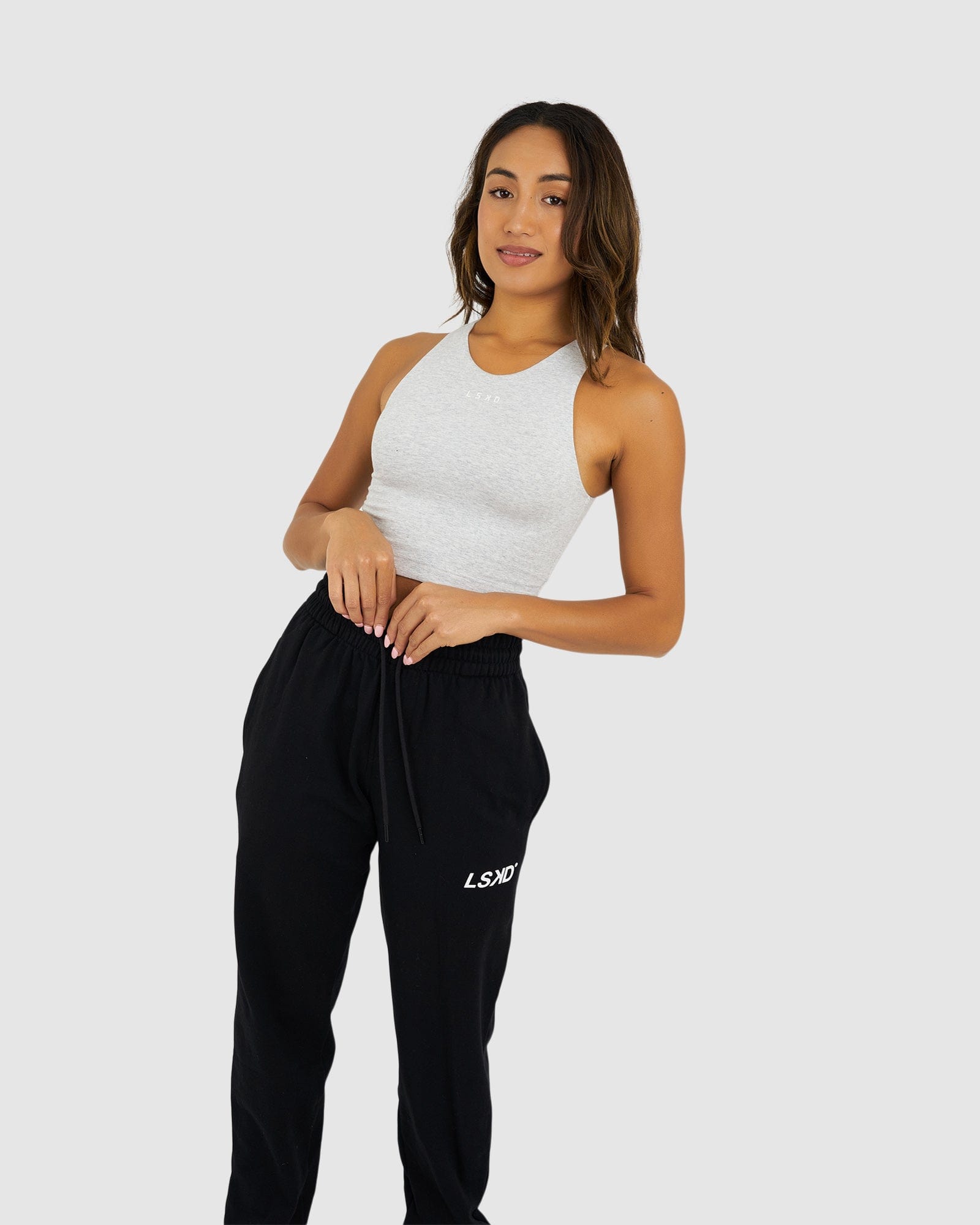 Model wearing Warm-Up Tank - Lt Grey Marle