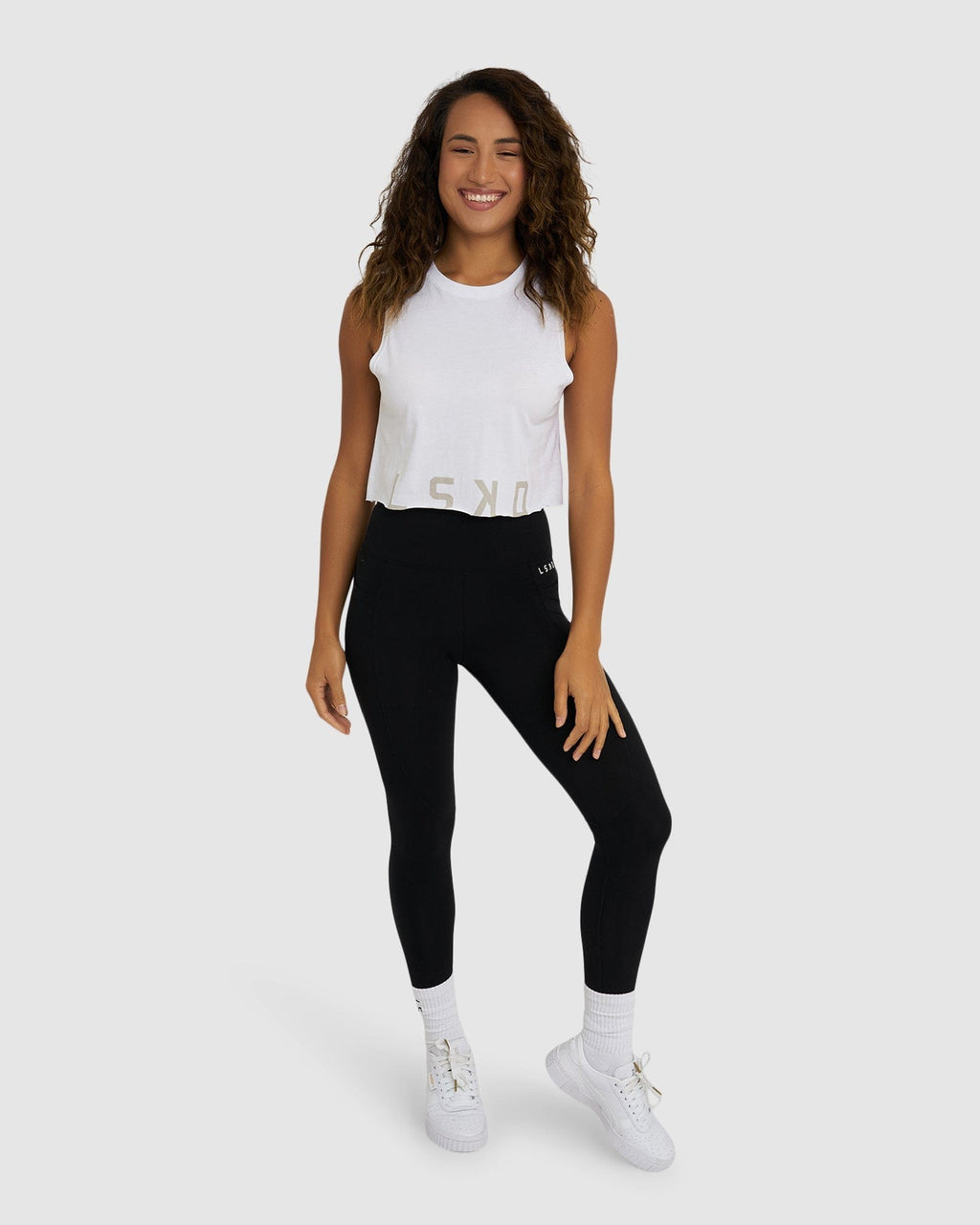 Model wearing Venice Tank - White-Pussywillow