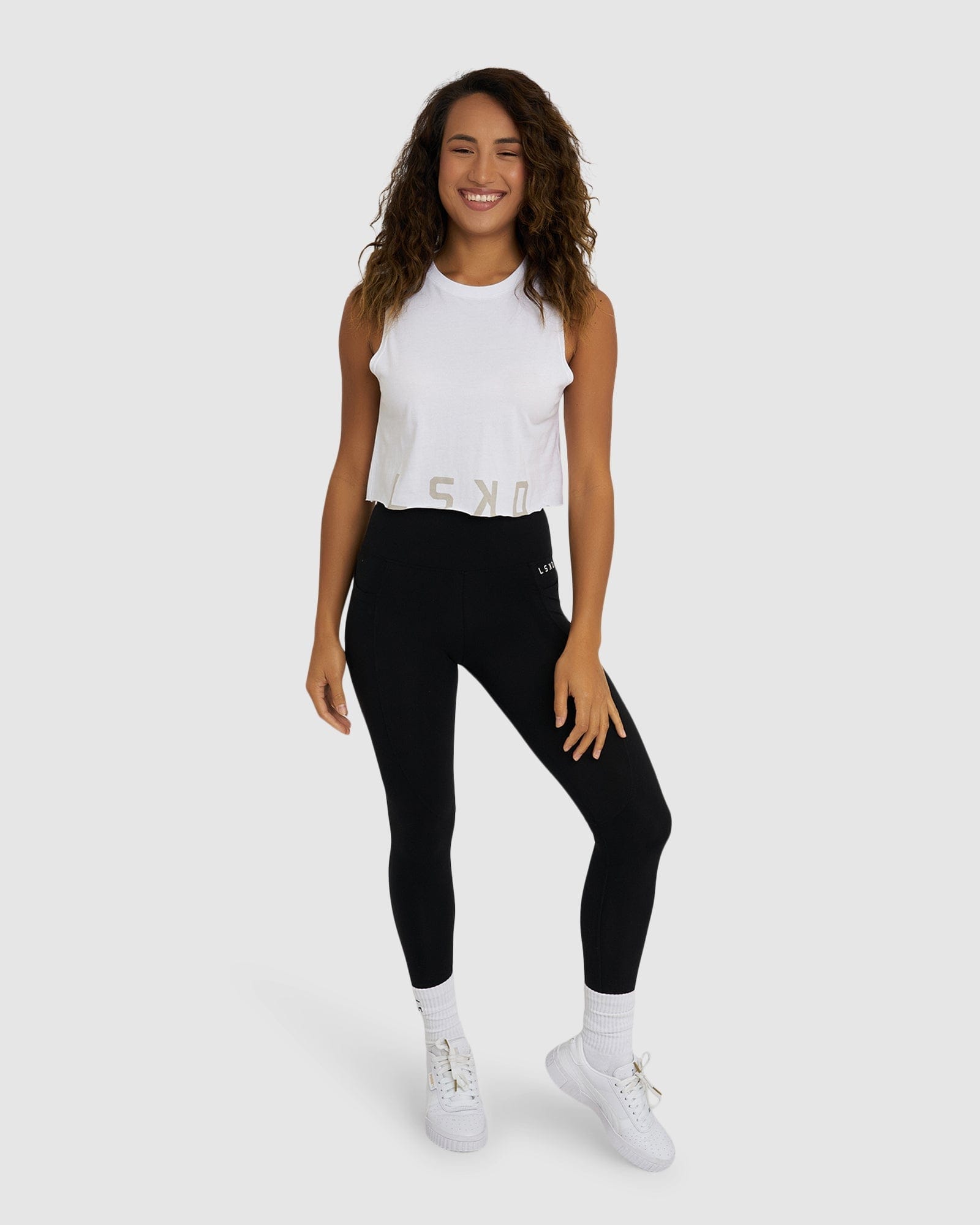 Model wearing Venice Tank - White-Pussywillow