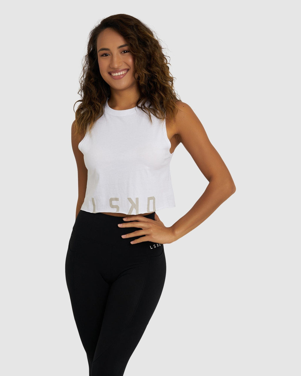 Model wearing Venice Tank - White-Pussywillow
