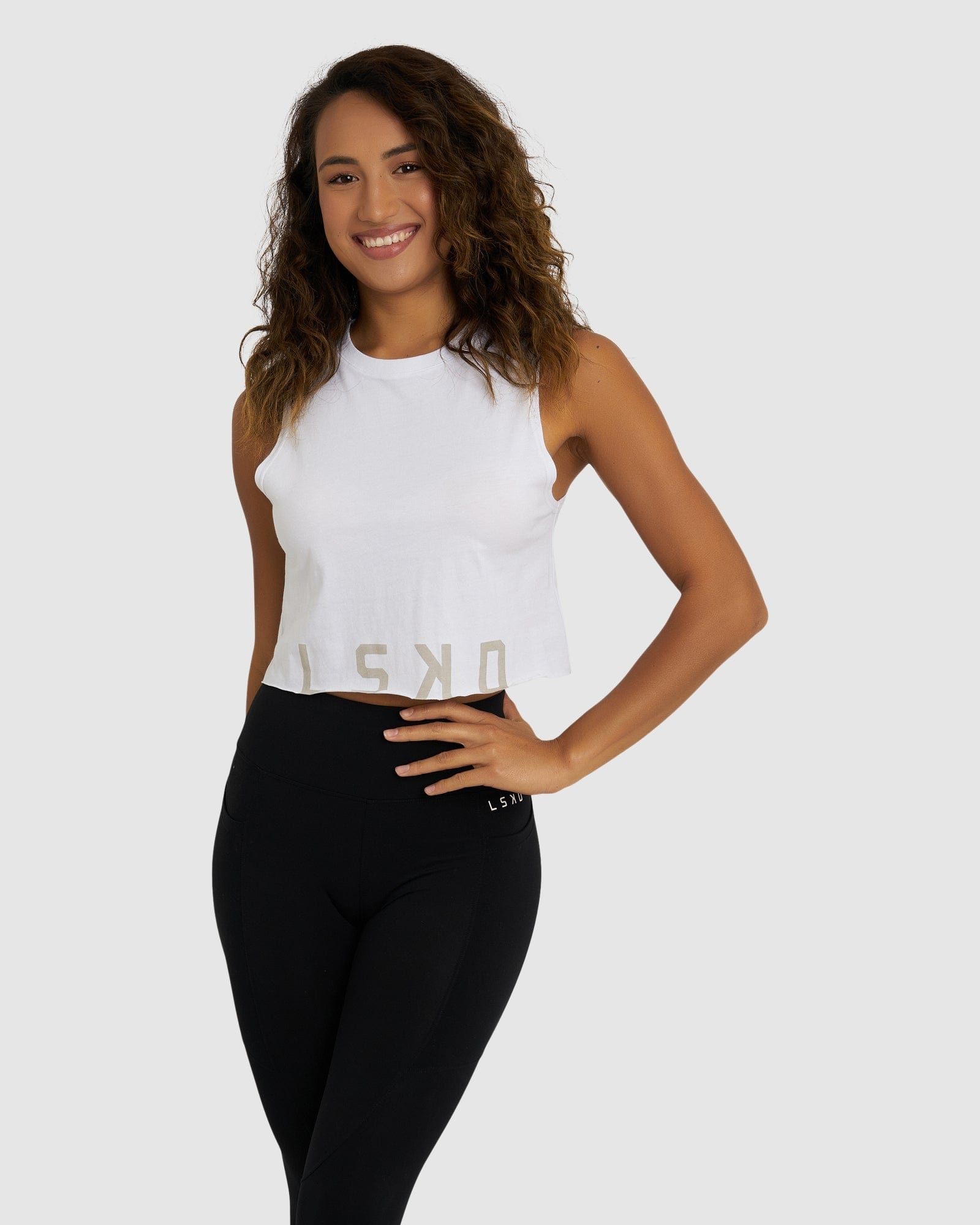 Model wearing Venice Tank - White-Pussywillow