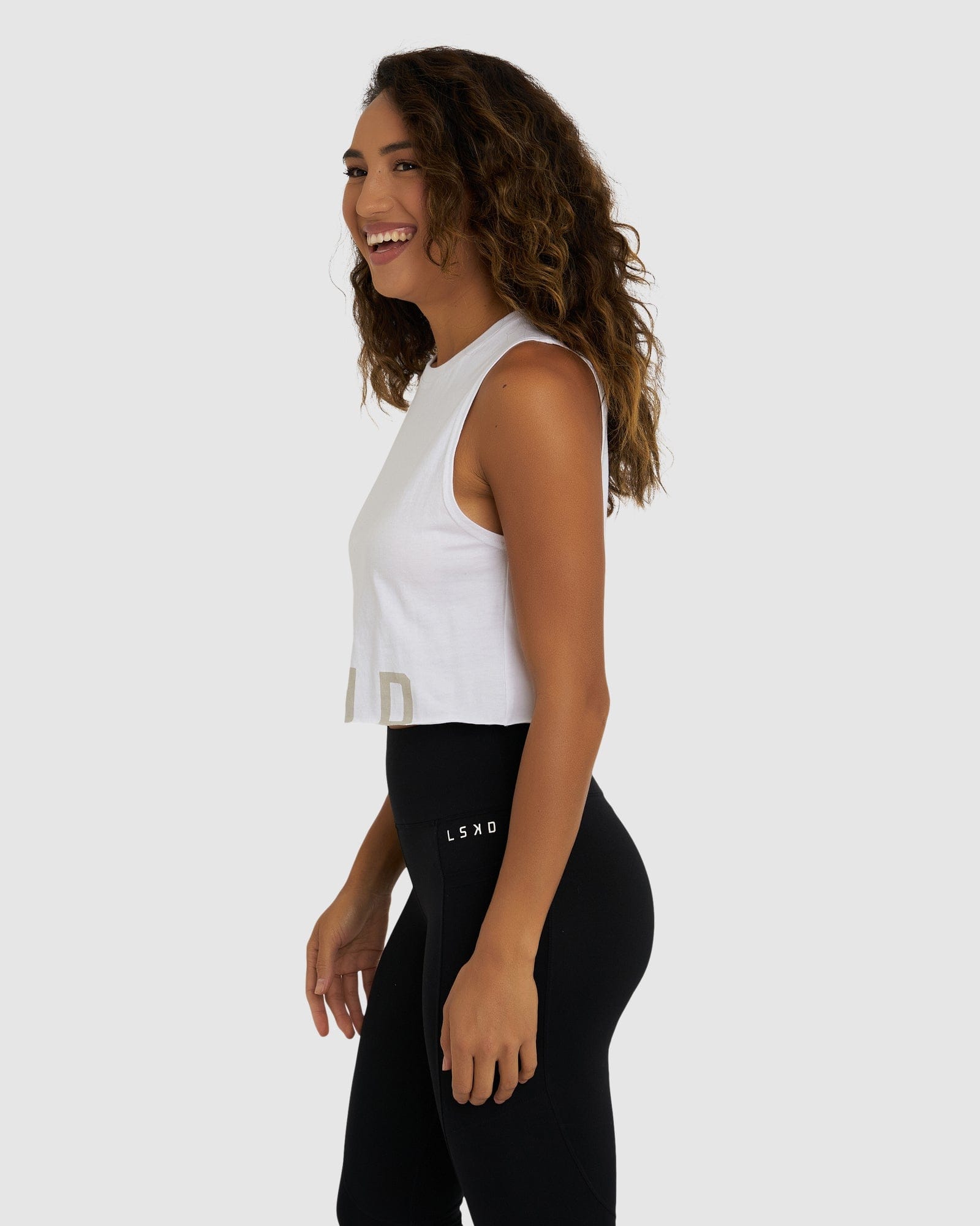 Model wearing Venice Tank - White-Pussywillow