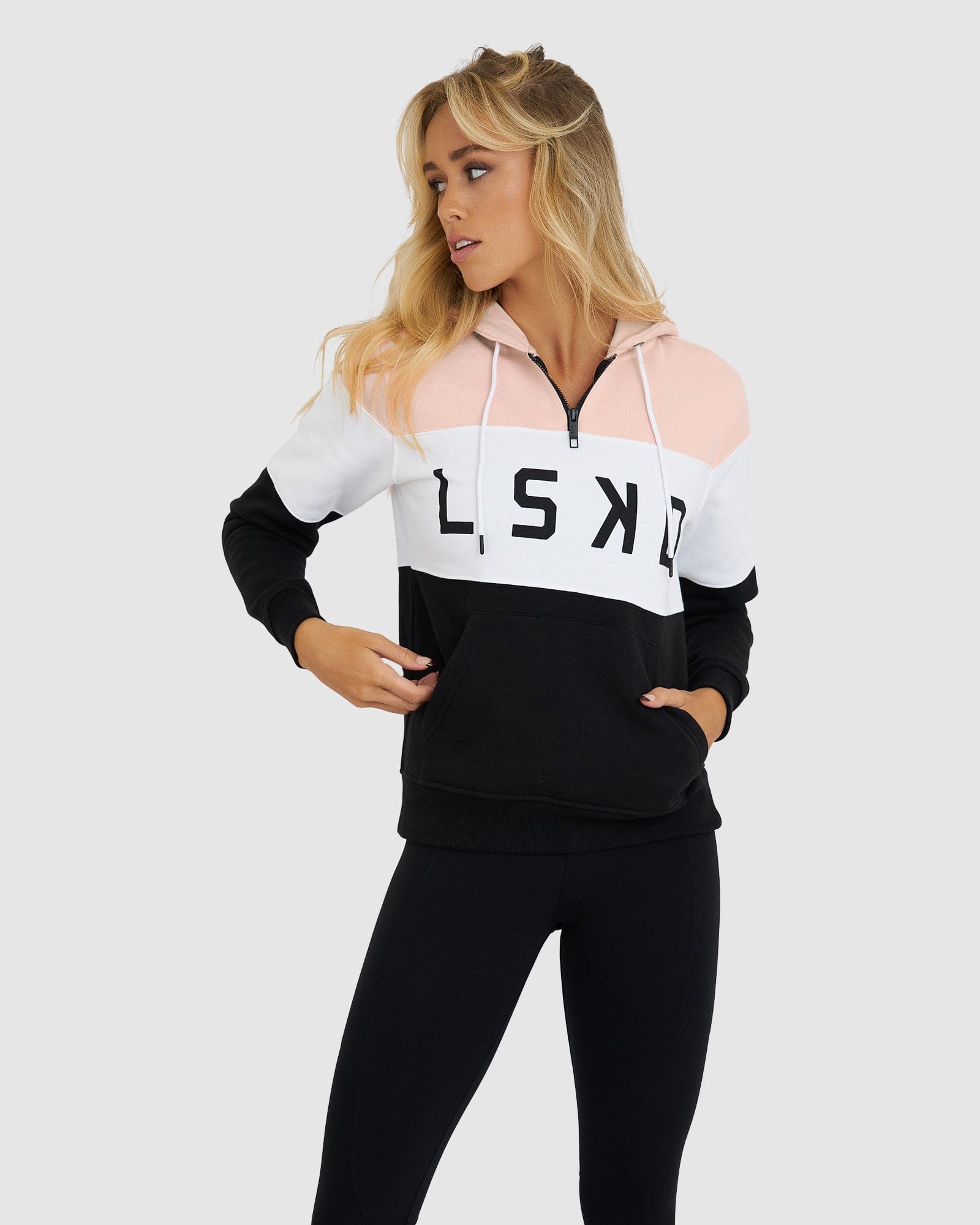 Model wearing Shape Hoodie - Black-Blush