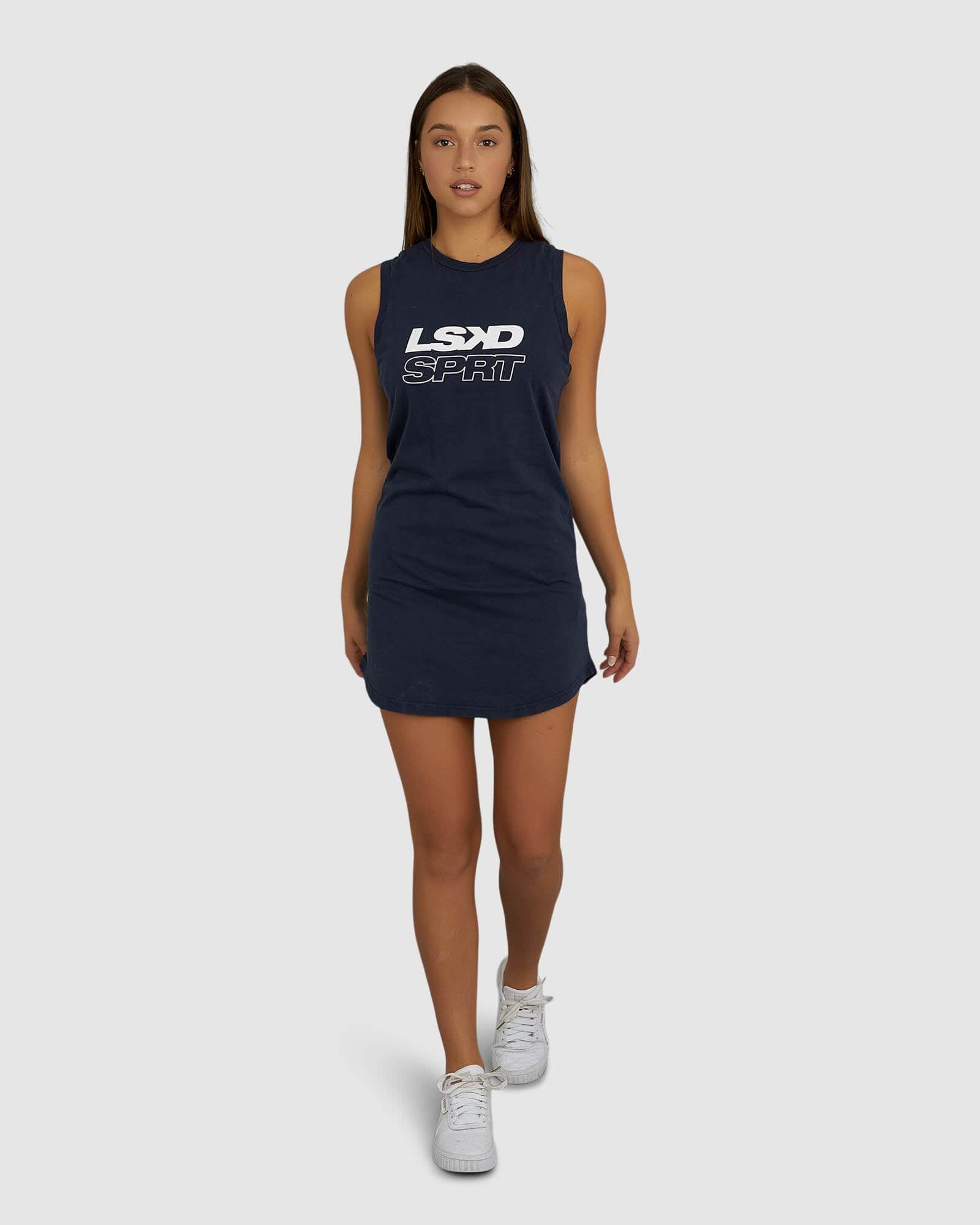 Model wearing SPRT Tank Dress - Pigment Navy