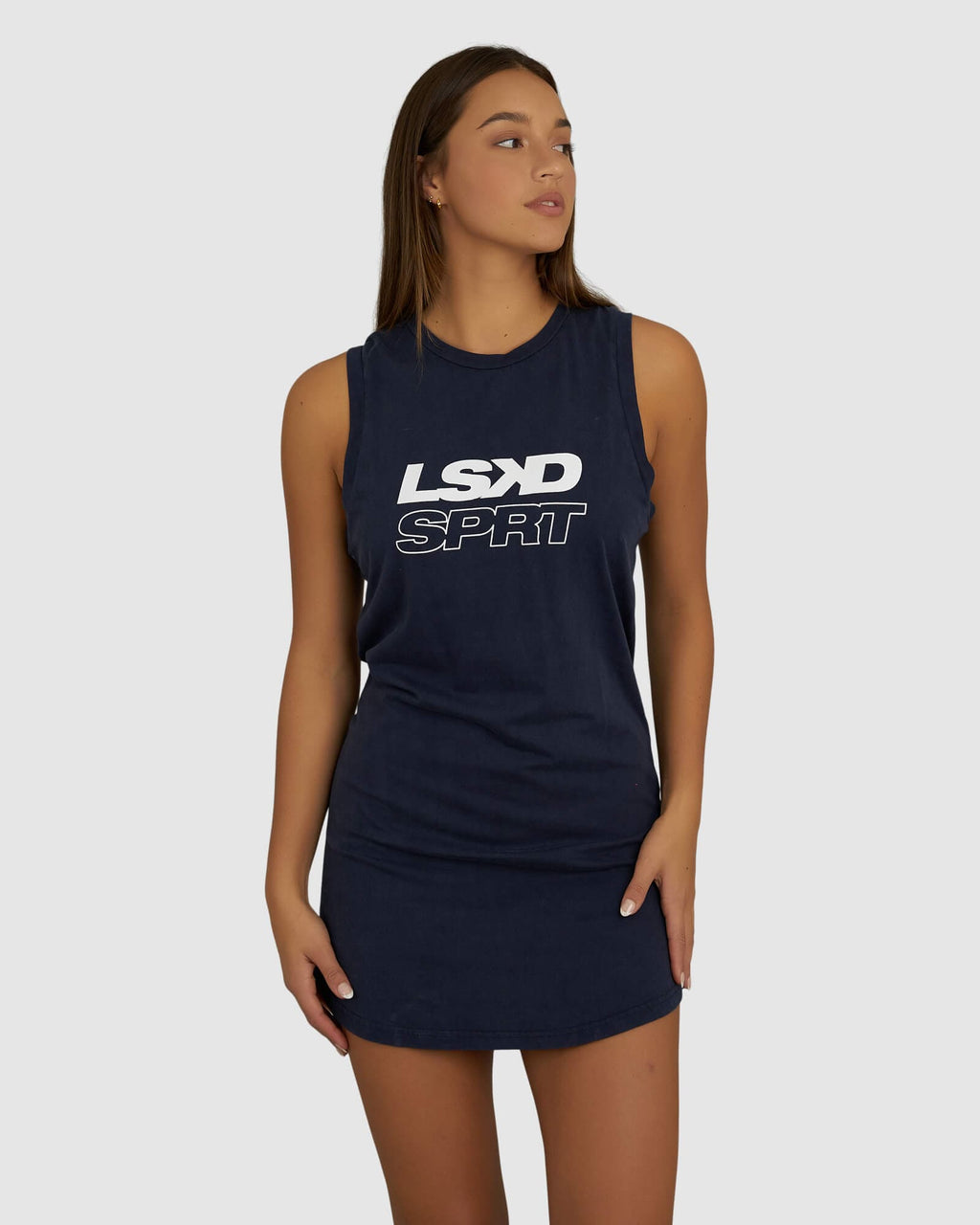 Model wearing SPRT Tank Dress - Pigment Navy