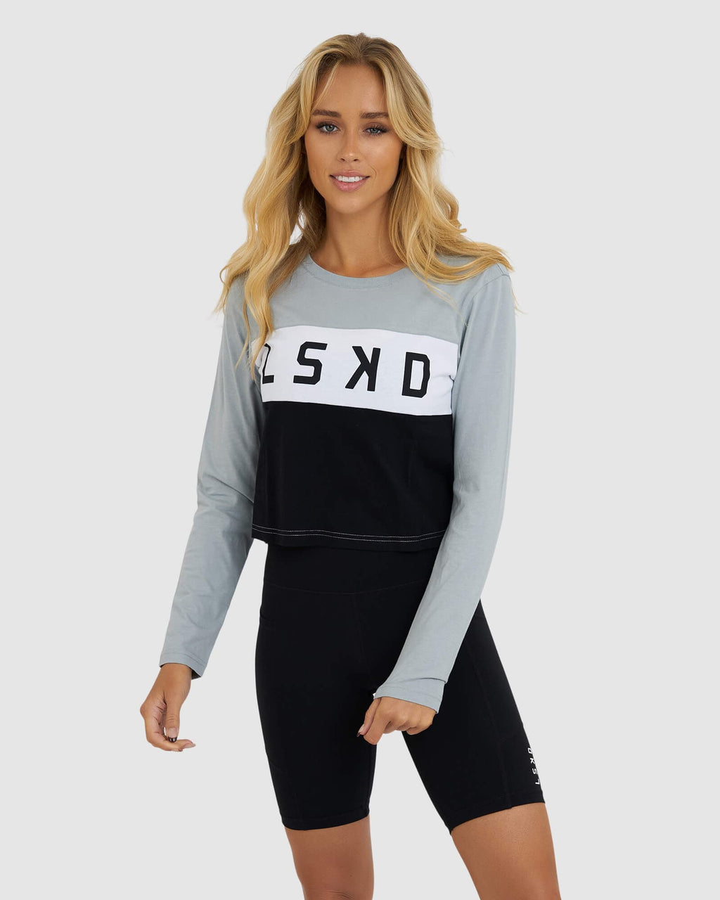 Model wearing Dough LS Tee - Quarry-Black-White