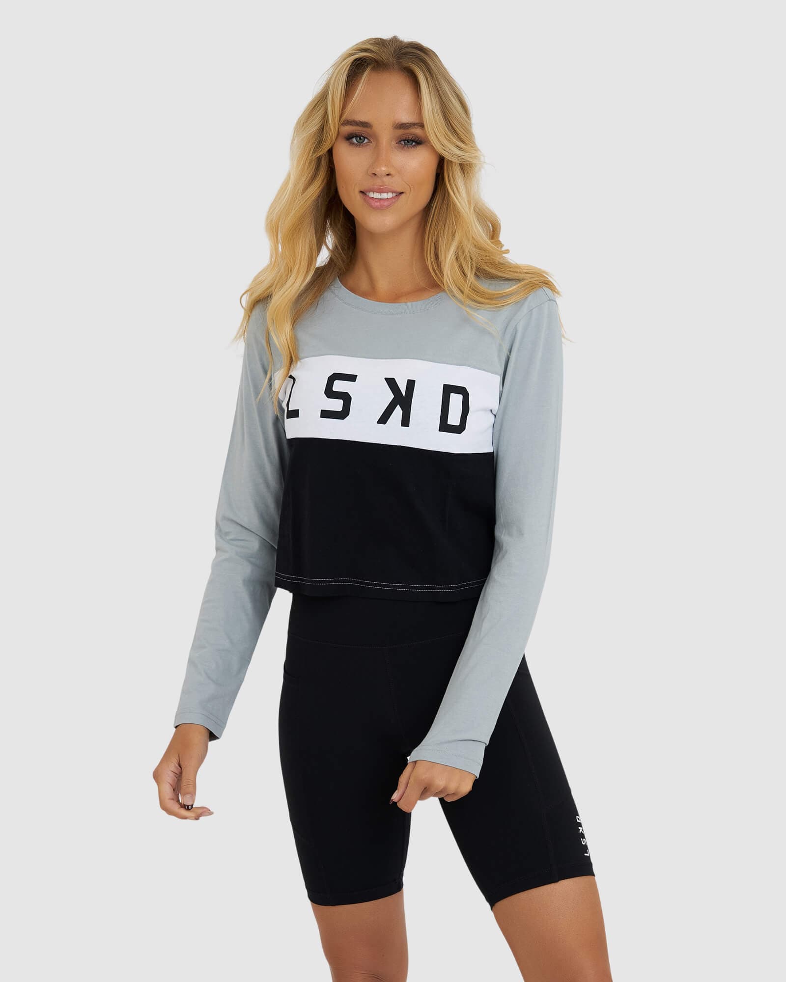 Model wearing Dough LS Tee - Quarry-Black-White