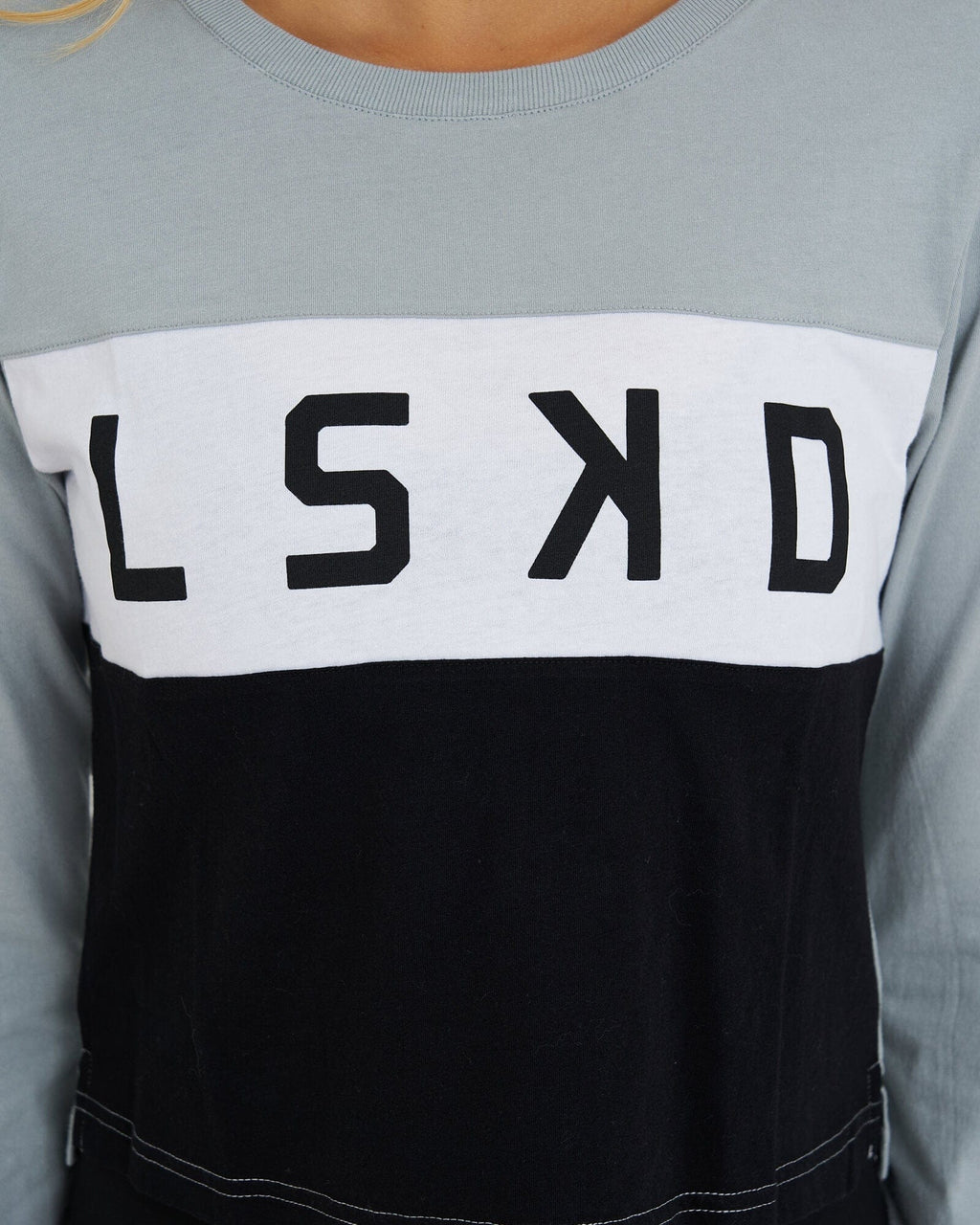 Model wearing Dough LS Tee - Quarry-Black-White