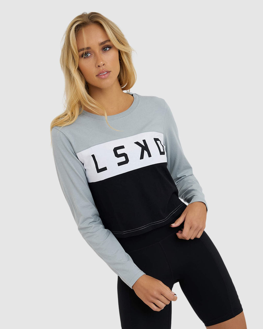 Model wearing Dough LS Tee - Quarry-Black-White