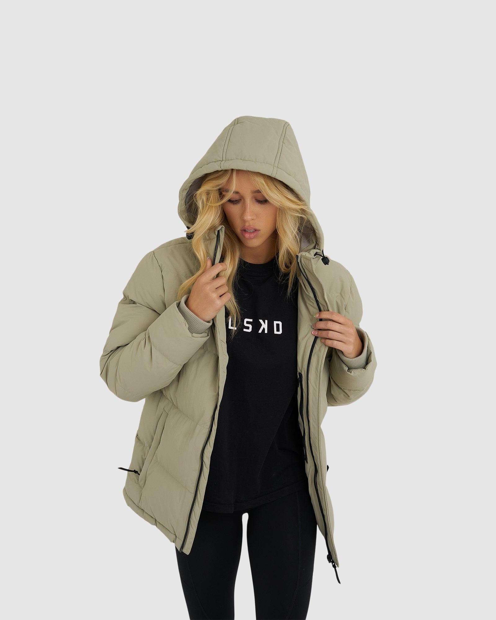 Model wearing Roasted Puffer Jacket 21  - Stone