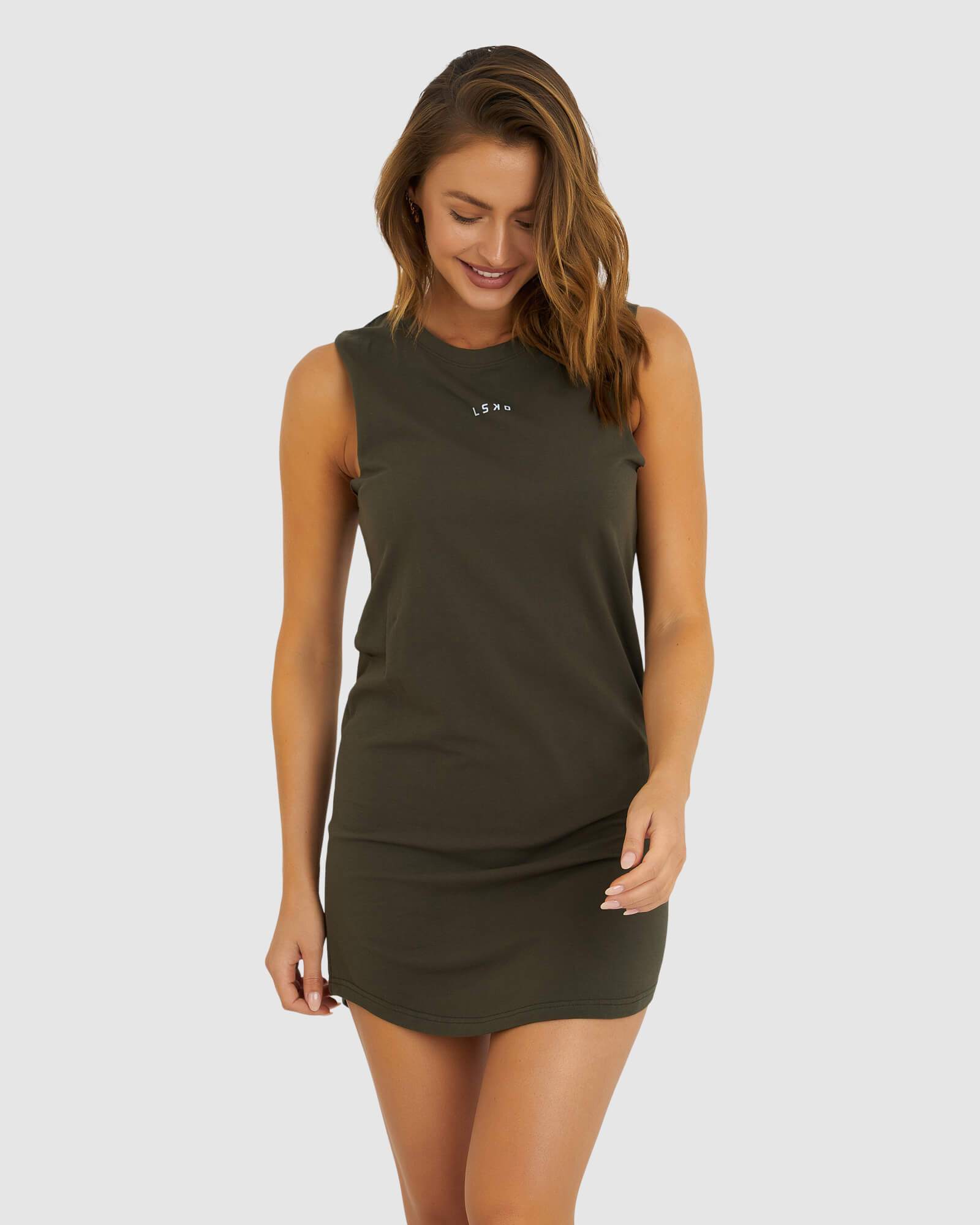 Model wearing Base Tank Dress - Forest Night