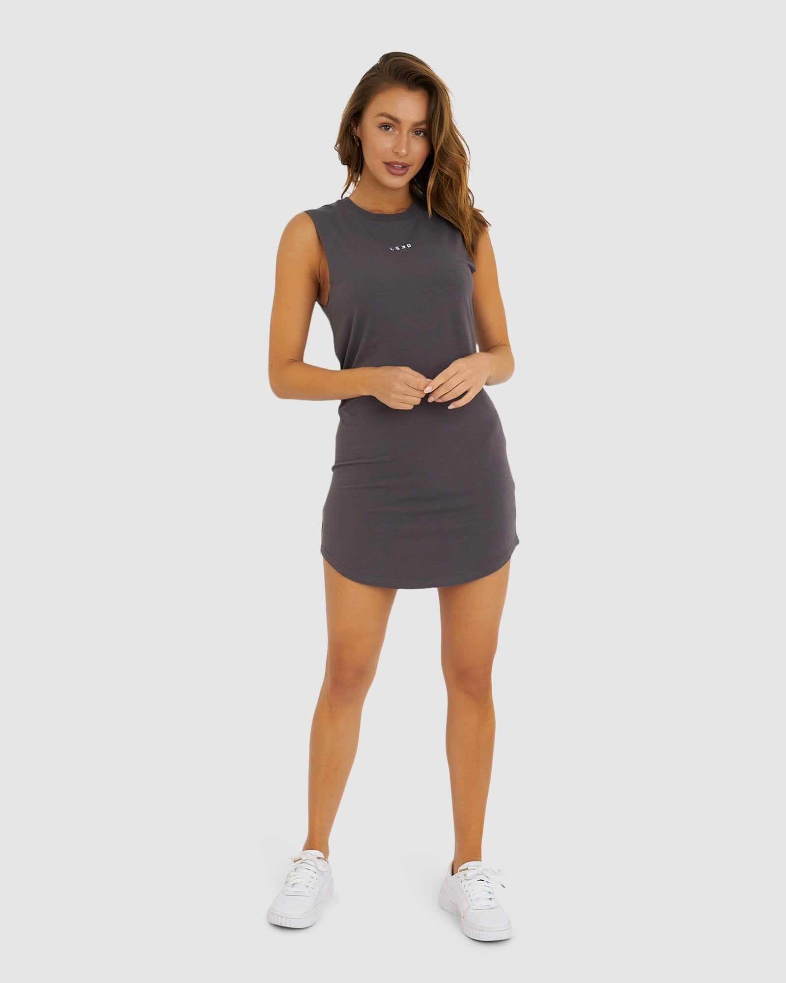 Model wearing Base Tank Dress - Shadow