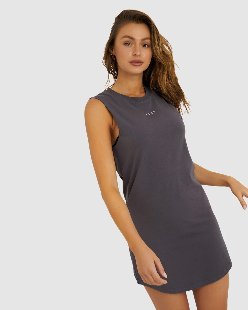 Model wearing Base Tank Dress - Shadow
