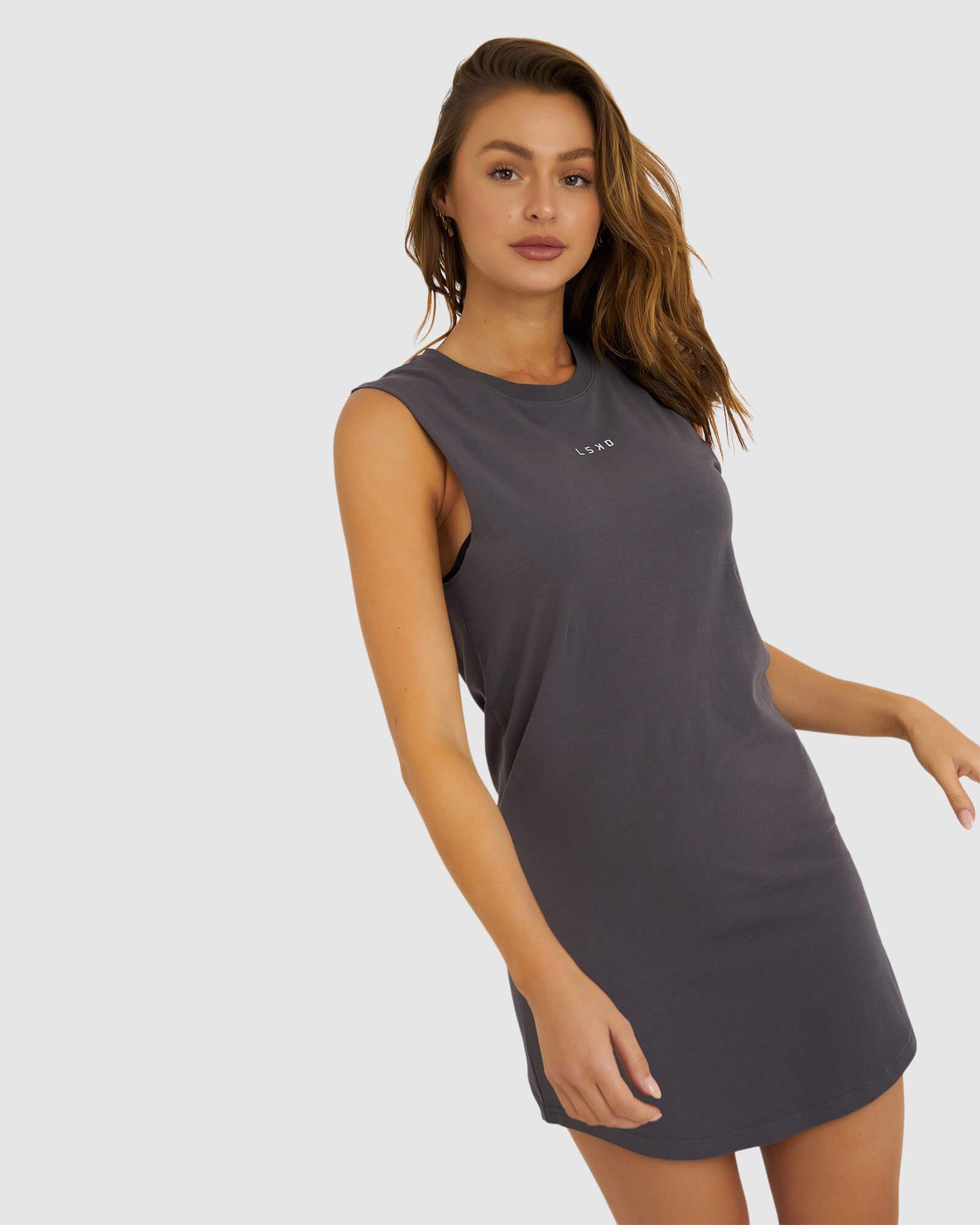 Model wearing Base Tank Dress - Shadow