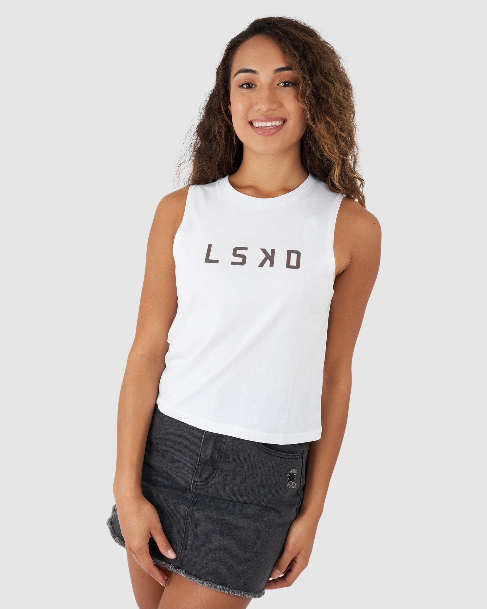 Model wearing Structure Tank - White-Peppercorn