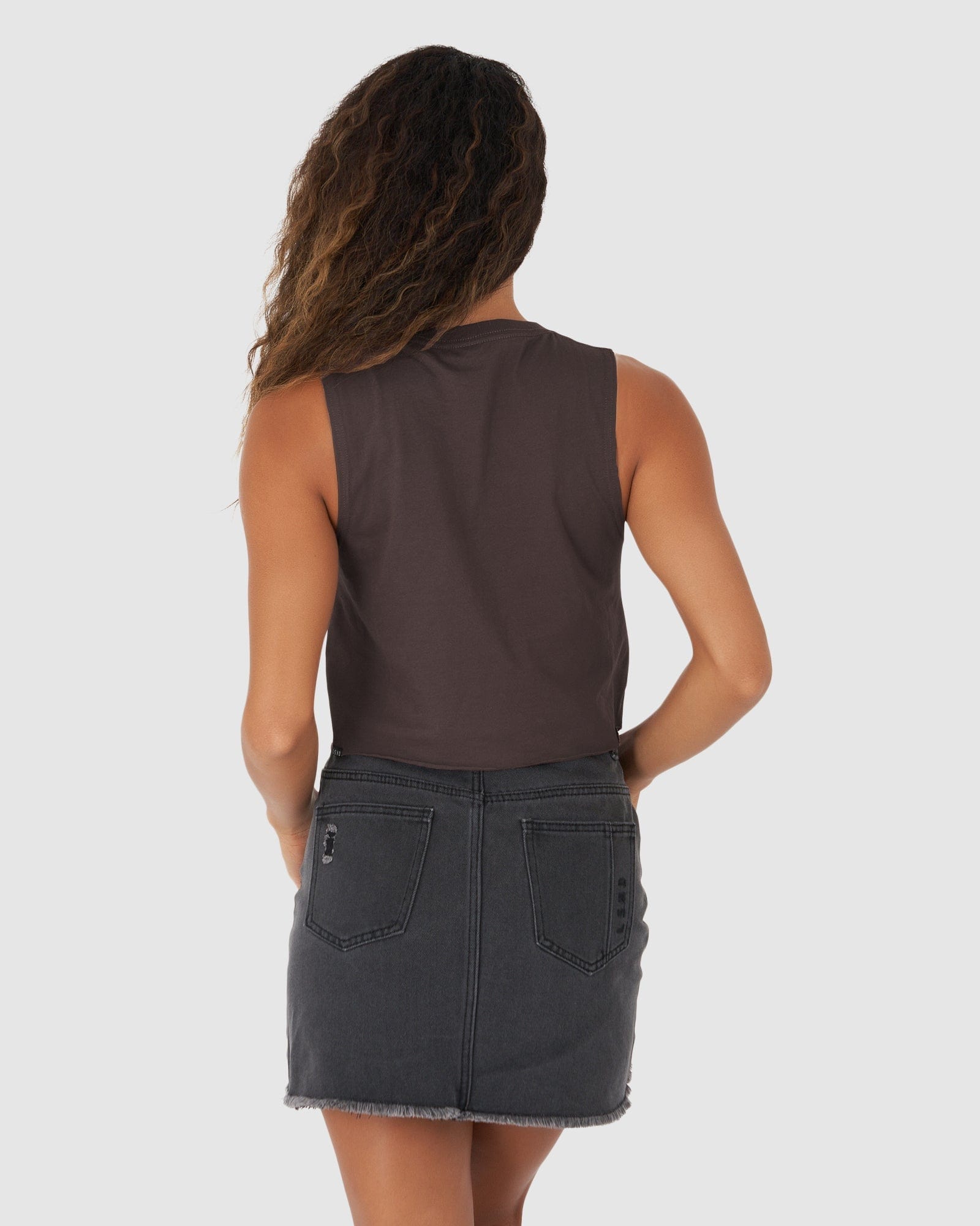 Model wearing Venice Tank - Peppercorn