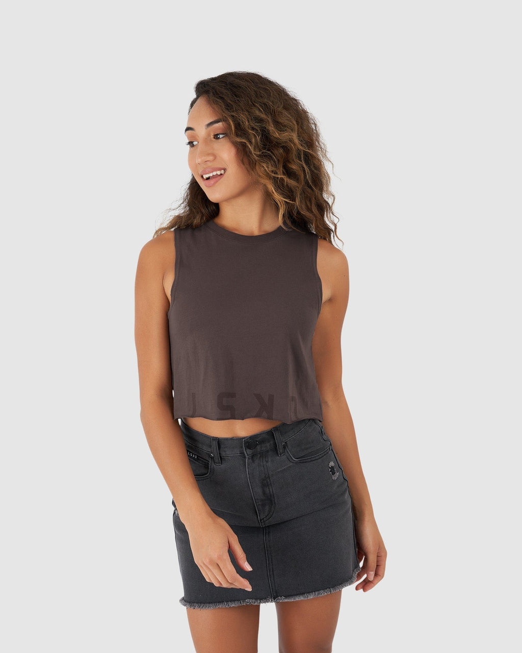 Model wearing Venice Tank - Peppercorn