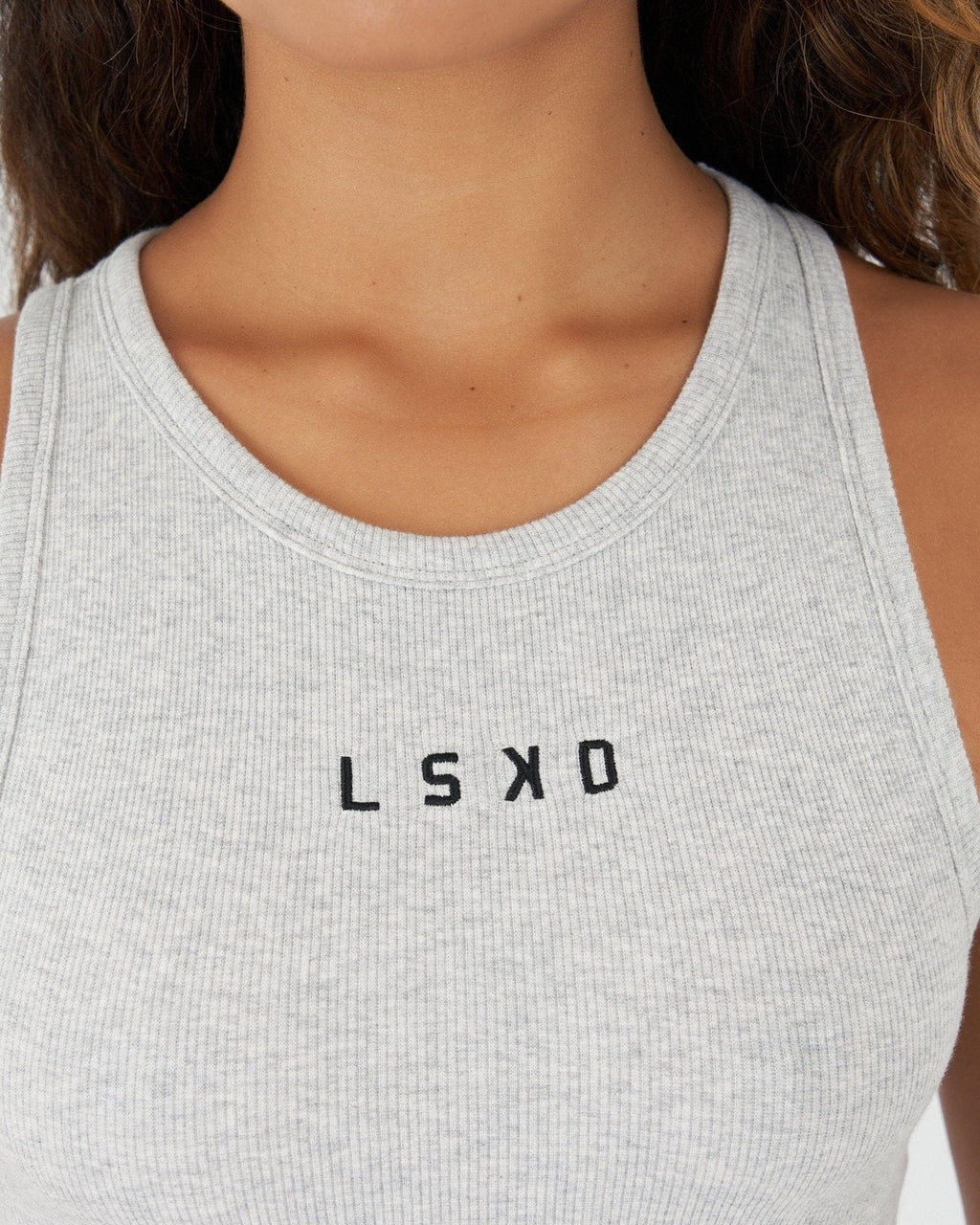 Model wearing Field Ribbed Tank Dress - Lt Grey Marl