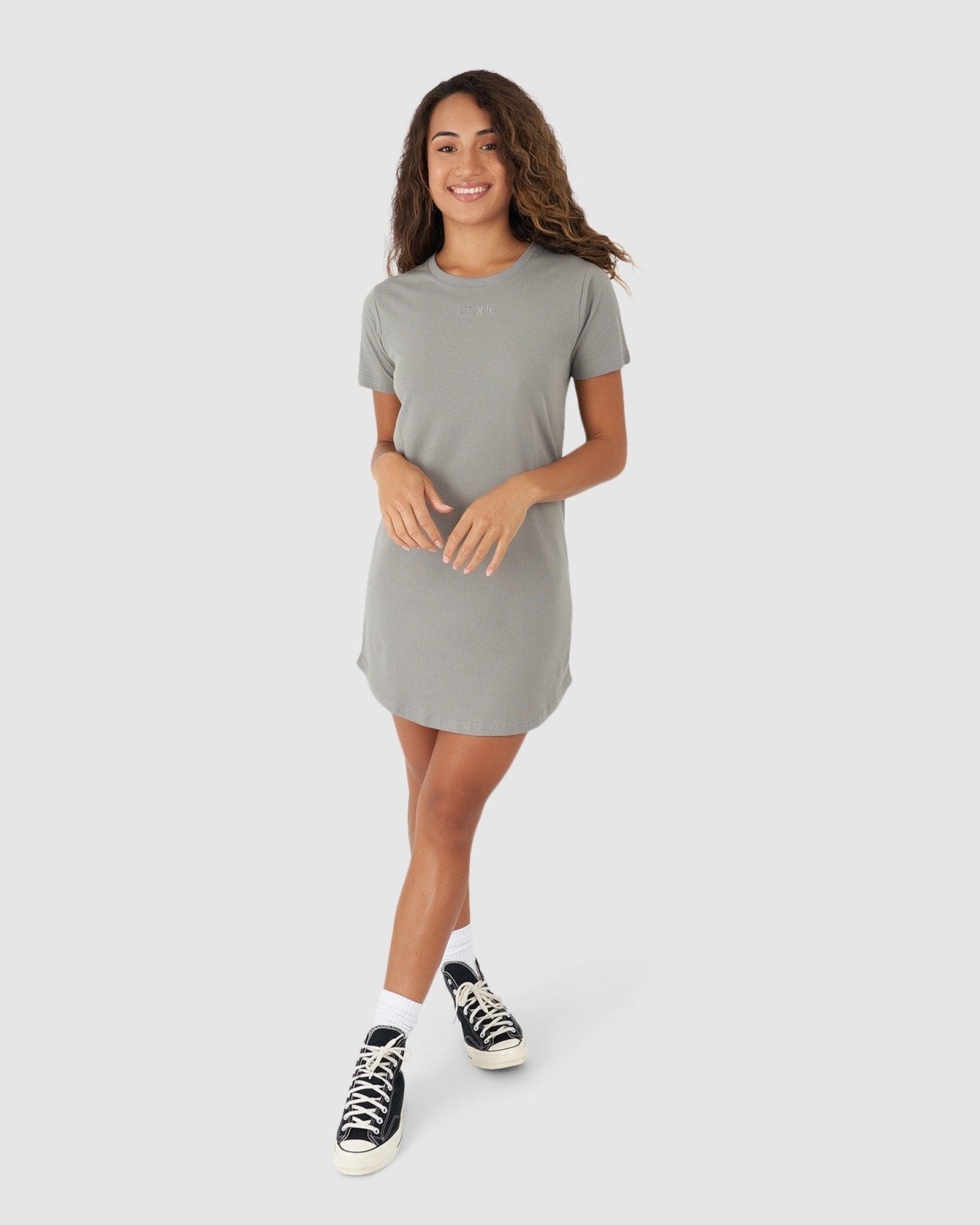 Model wearing Field Tee Dress - Frost Grey