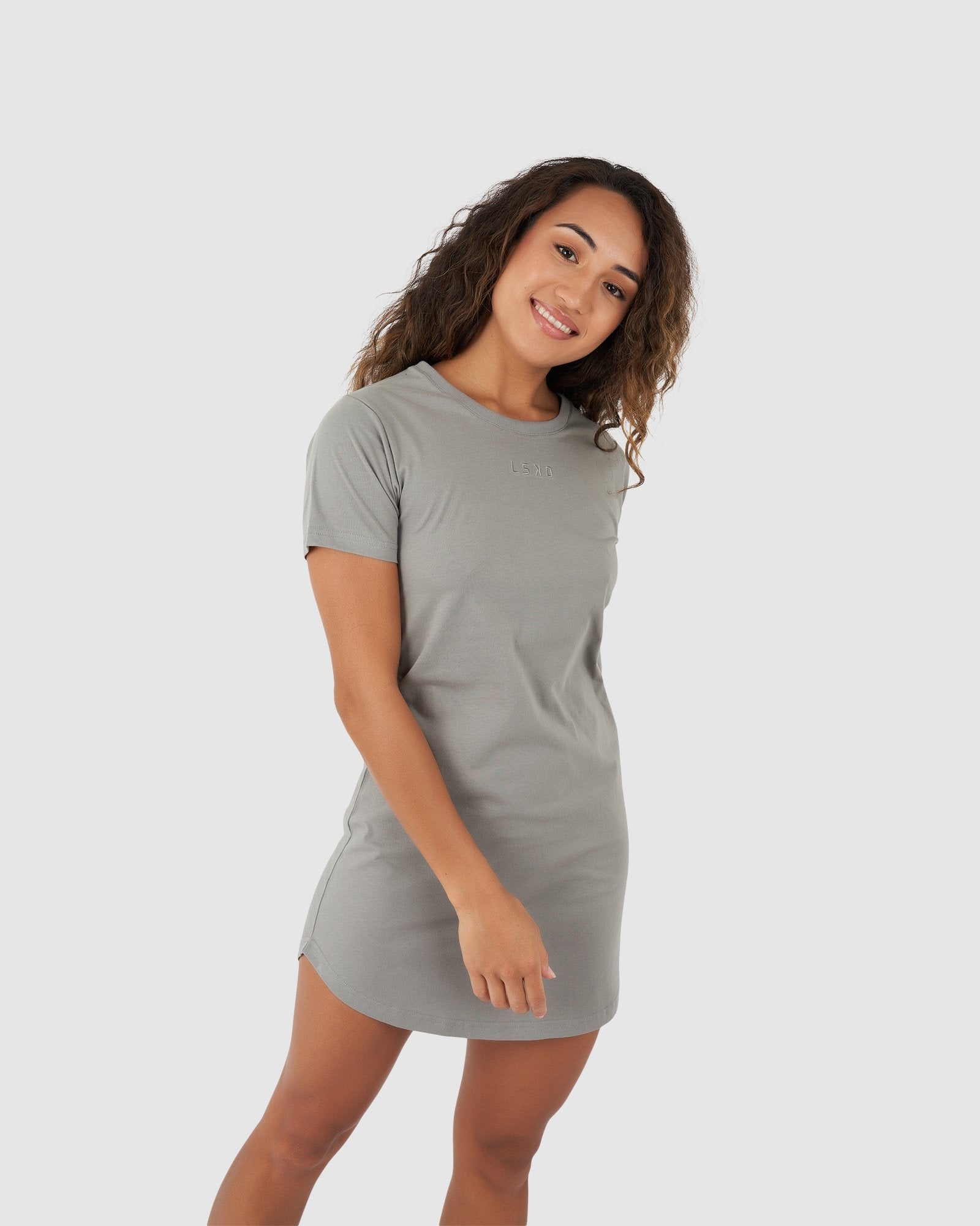 Model wearing Field Tee Dress - Frost Grey