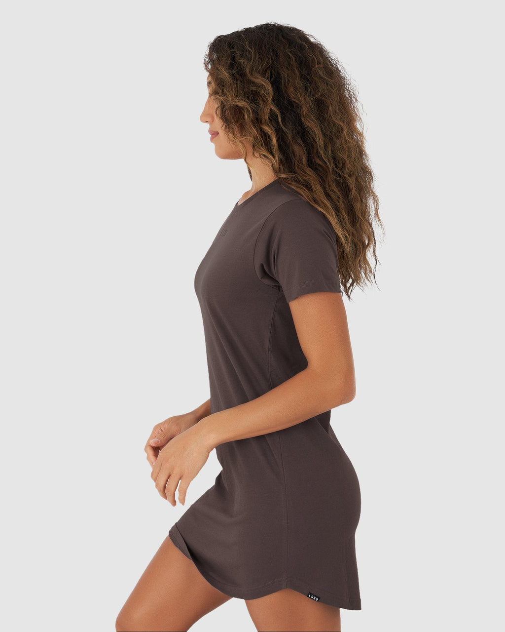 Model wearing Field Tee Dress - Peppercorn