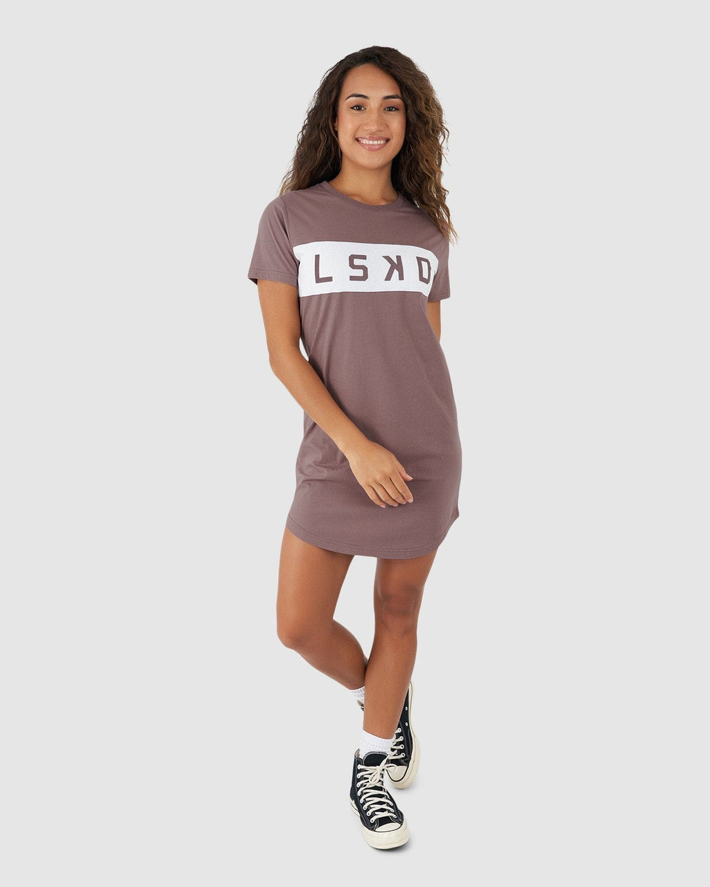 Model wearing Dough Tee Dress - Mauve