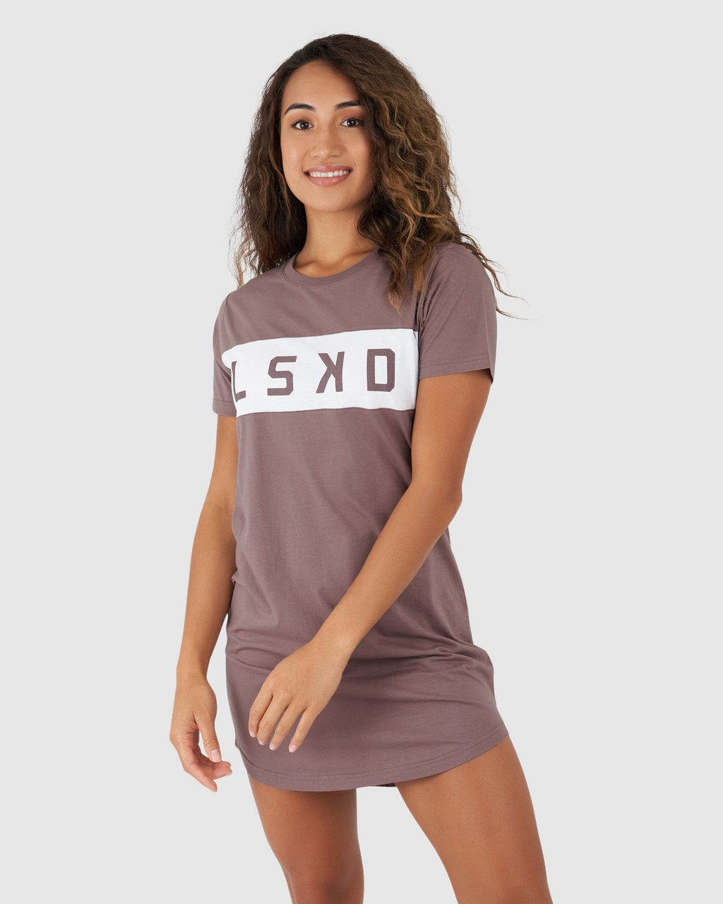 Model wearing Dough Tee Dress - Mauve