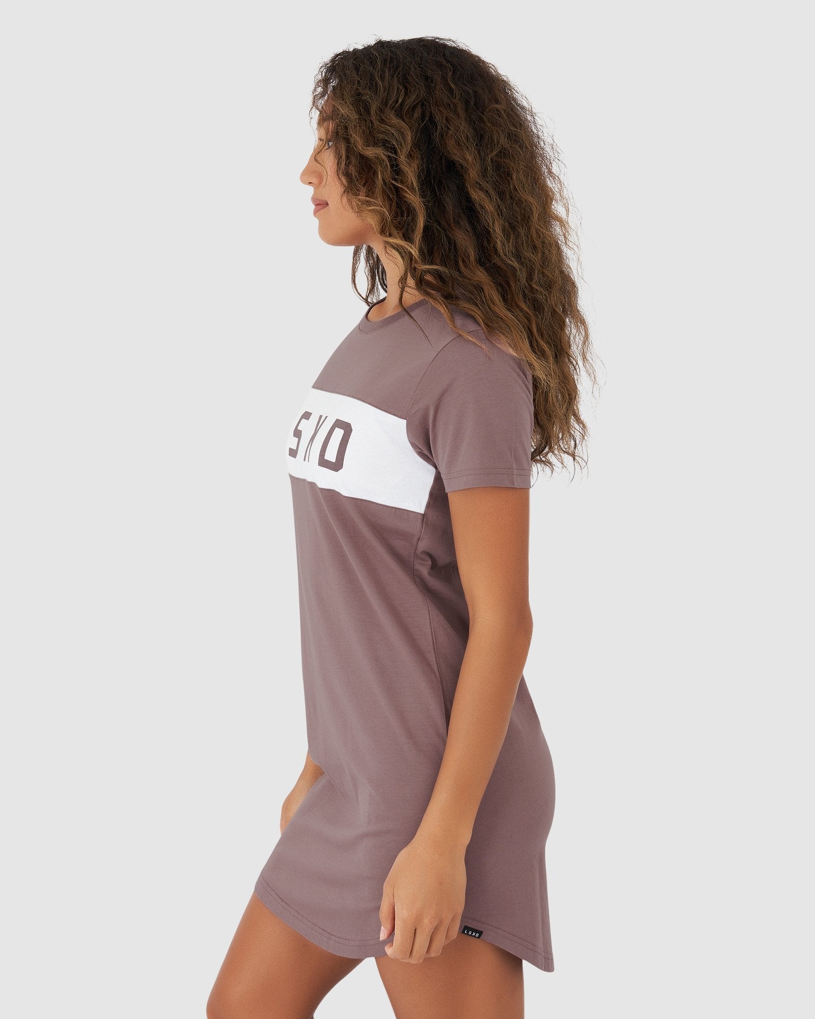 Model wearing Dough Tee Dress - Mauve