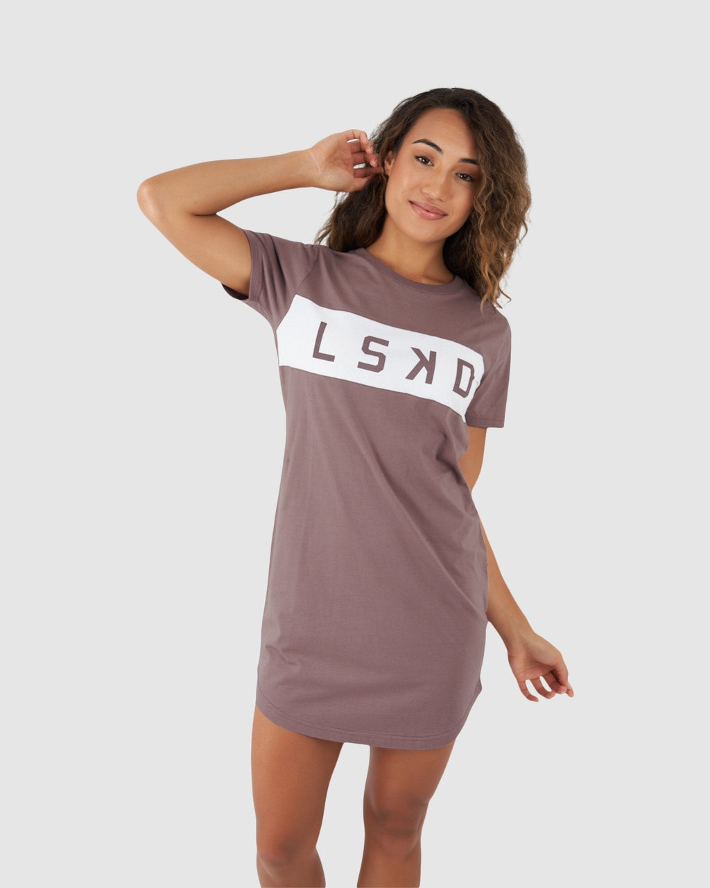 Model wearing Dough Tee Dress - Mauve