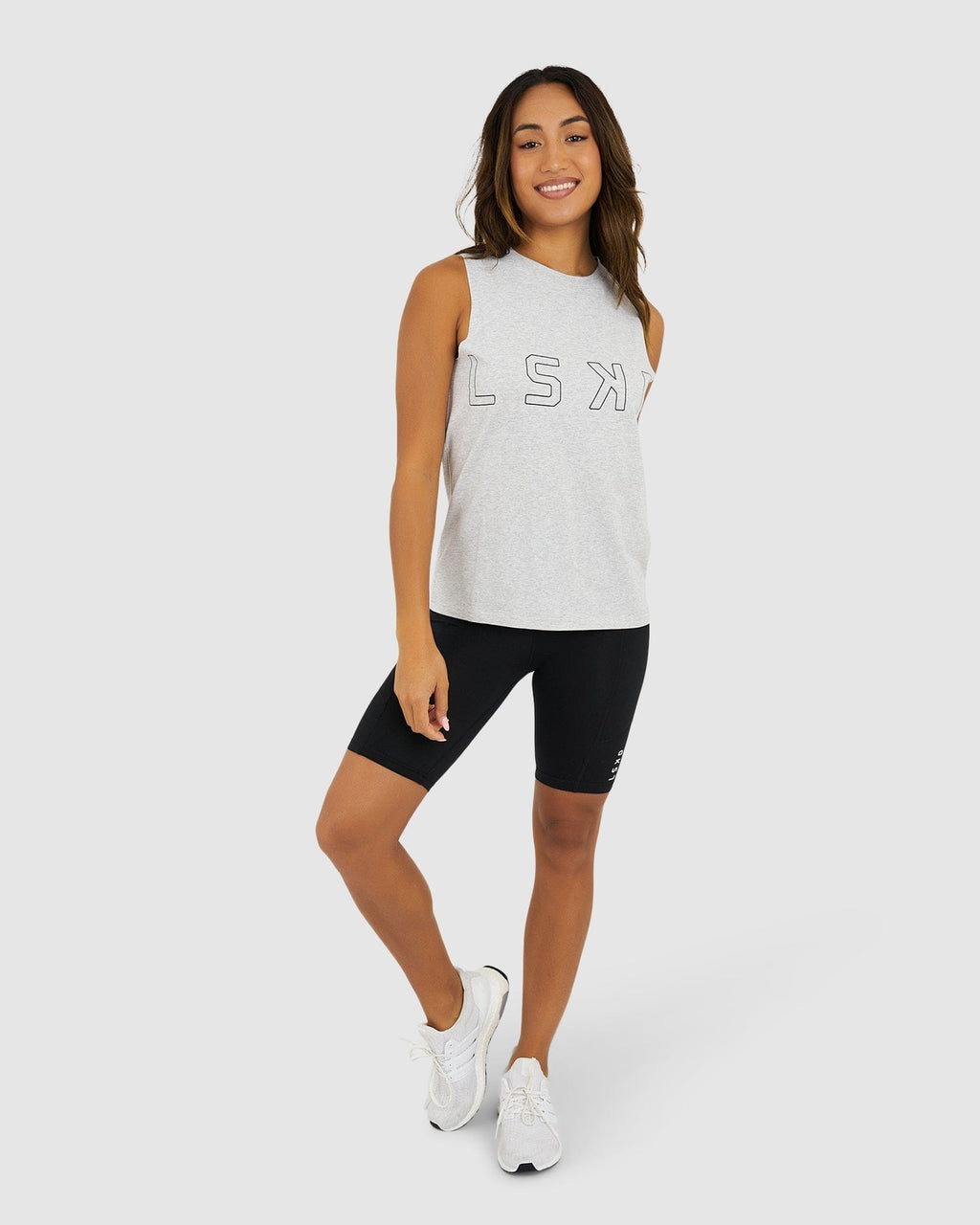 Model wearing Tidy Tank - Lt Grey Marle