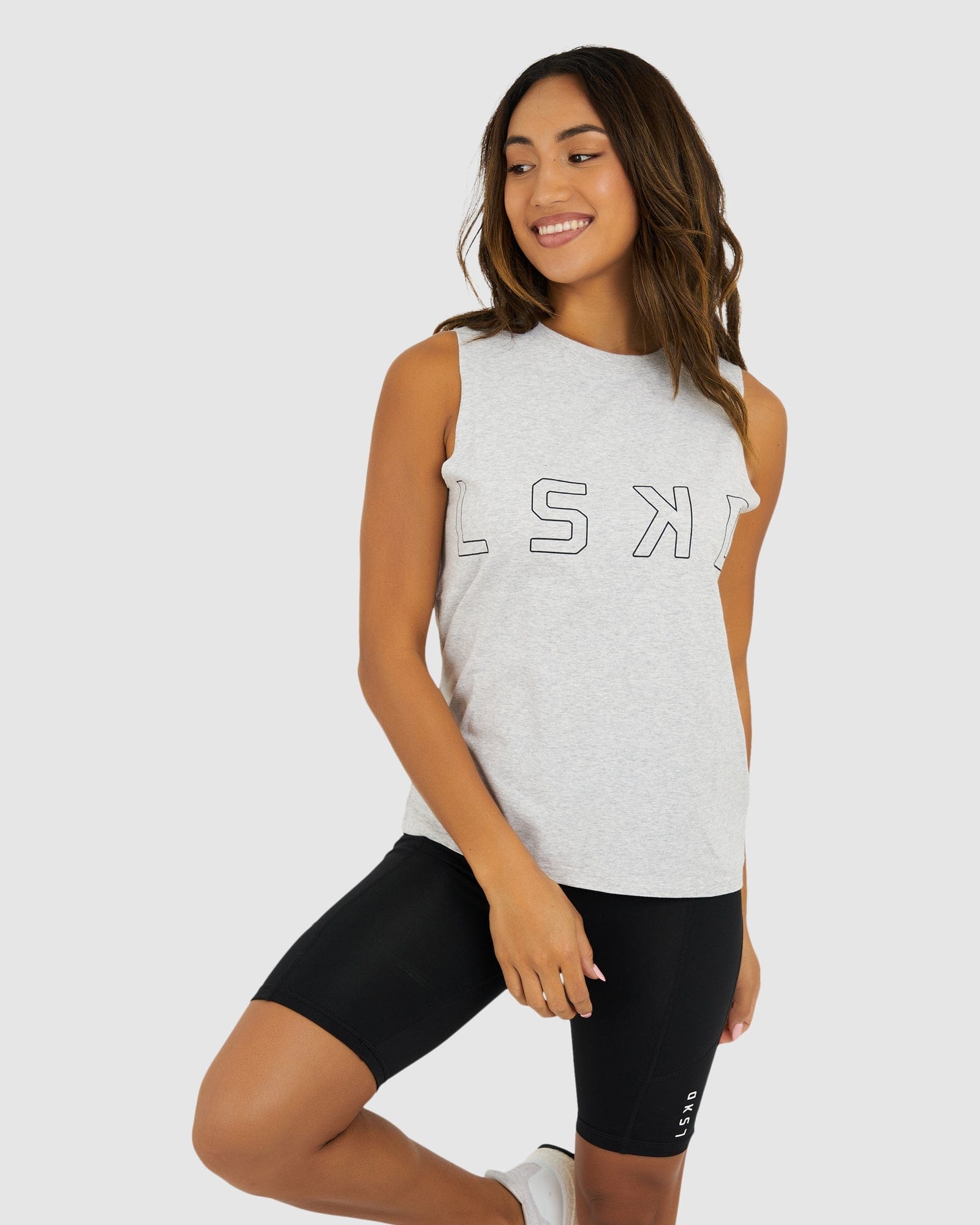 Model wearing Tidy Tank - Lt Grey Marle