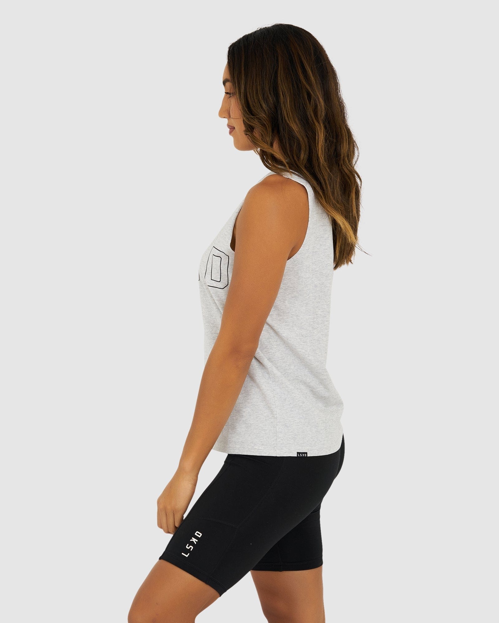 Model wearing Tidy Tank - Lt Grey Marle