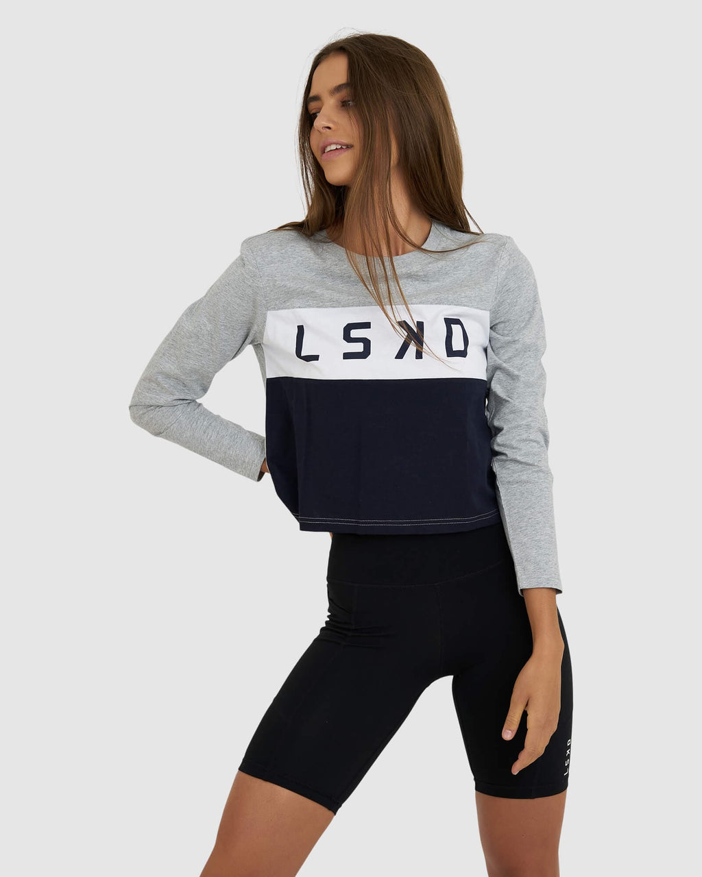 Model wearing Dough LS Tee - Lt Grey Marl-Navy