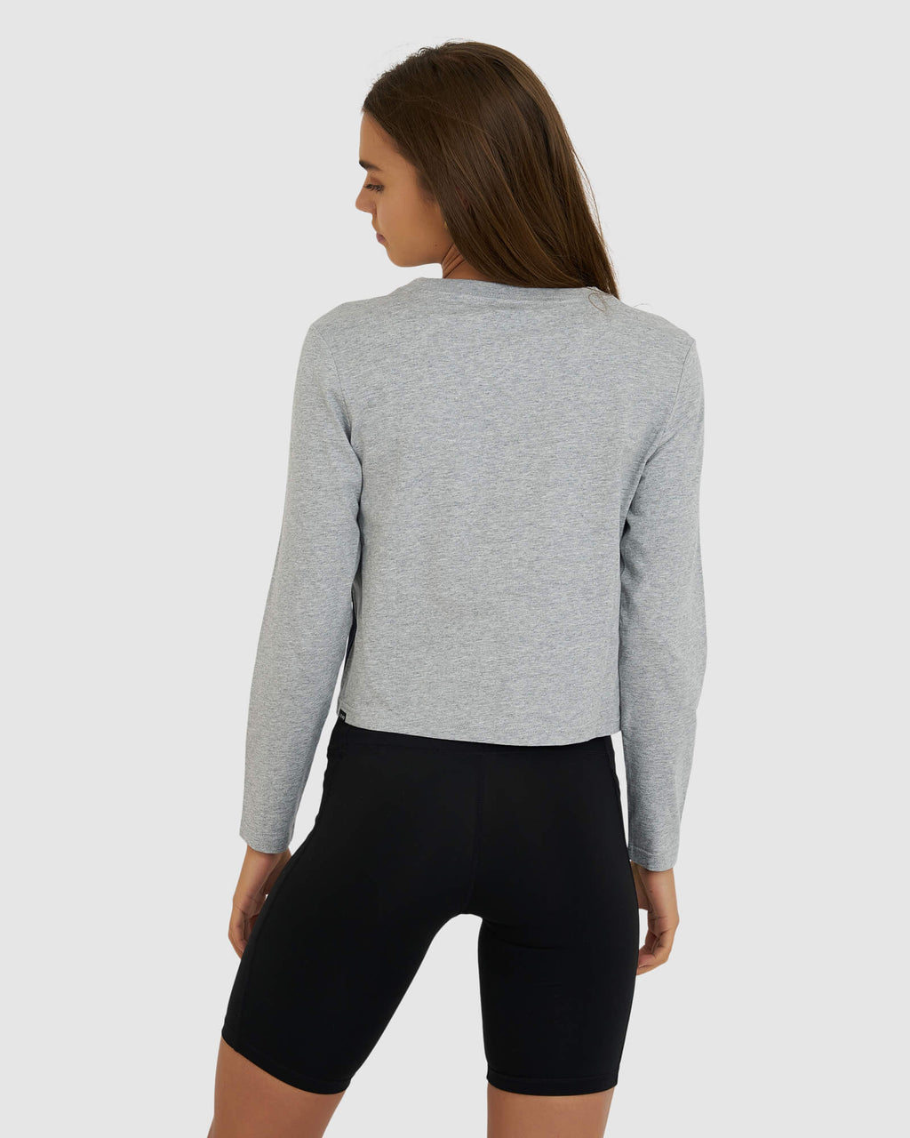 Model wearing Dough LS Tee - Lt Grey Marl-Navy