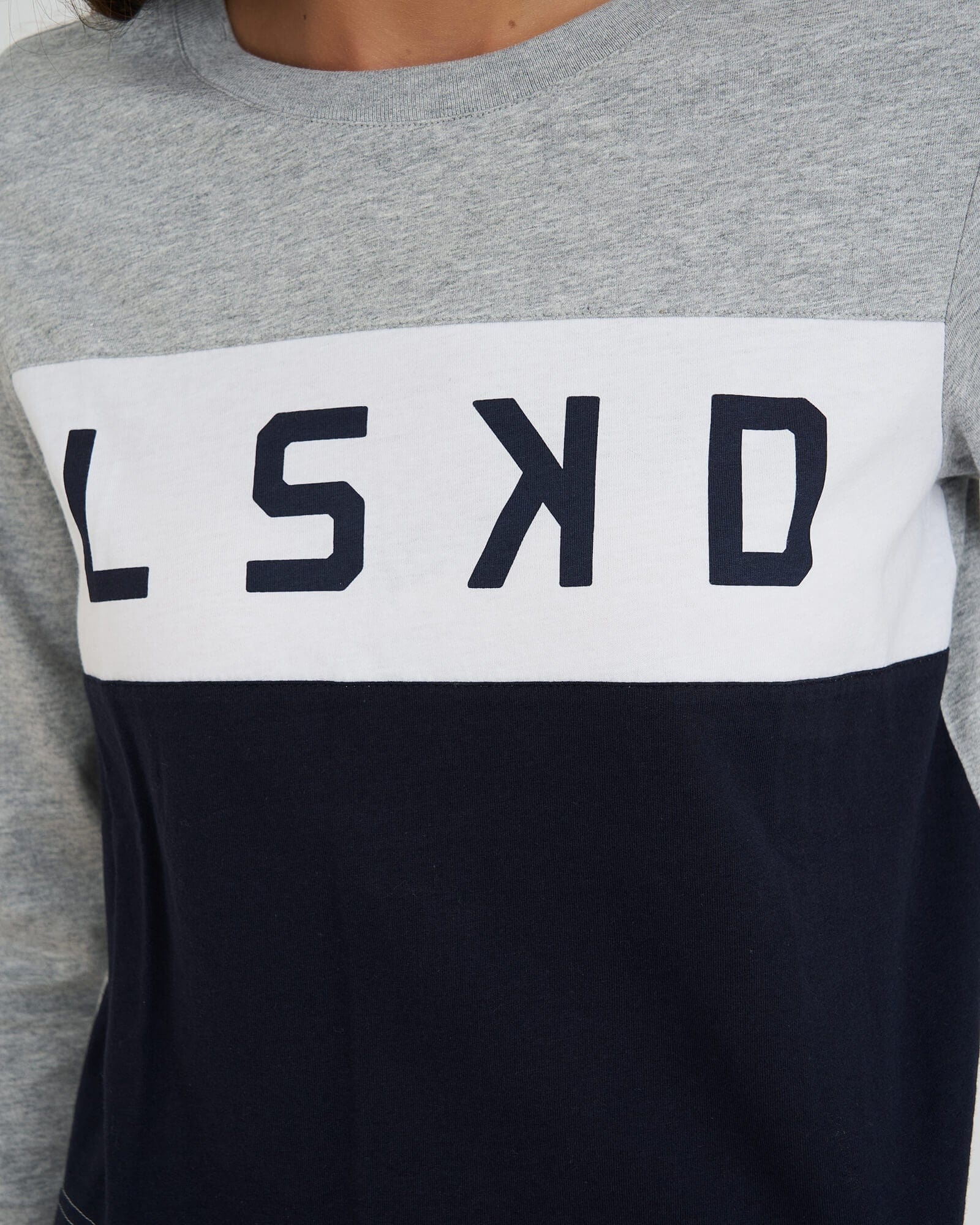 Model wearing Dough LS Tee - Lt Grey Marl-Navy