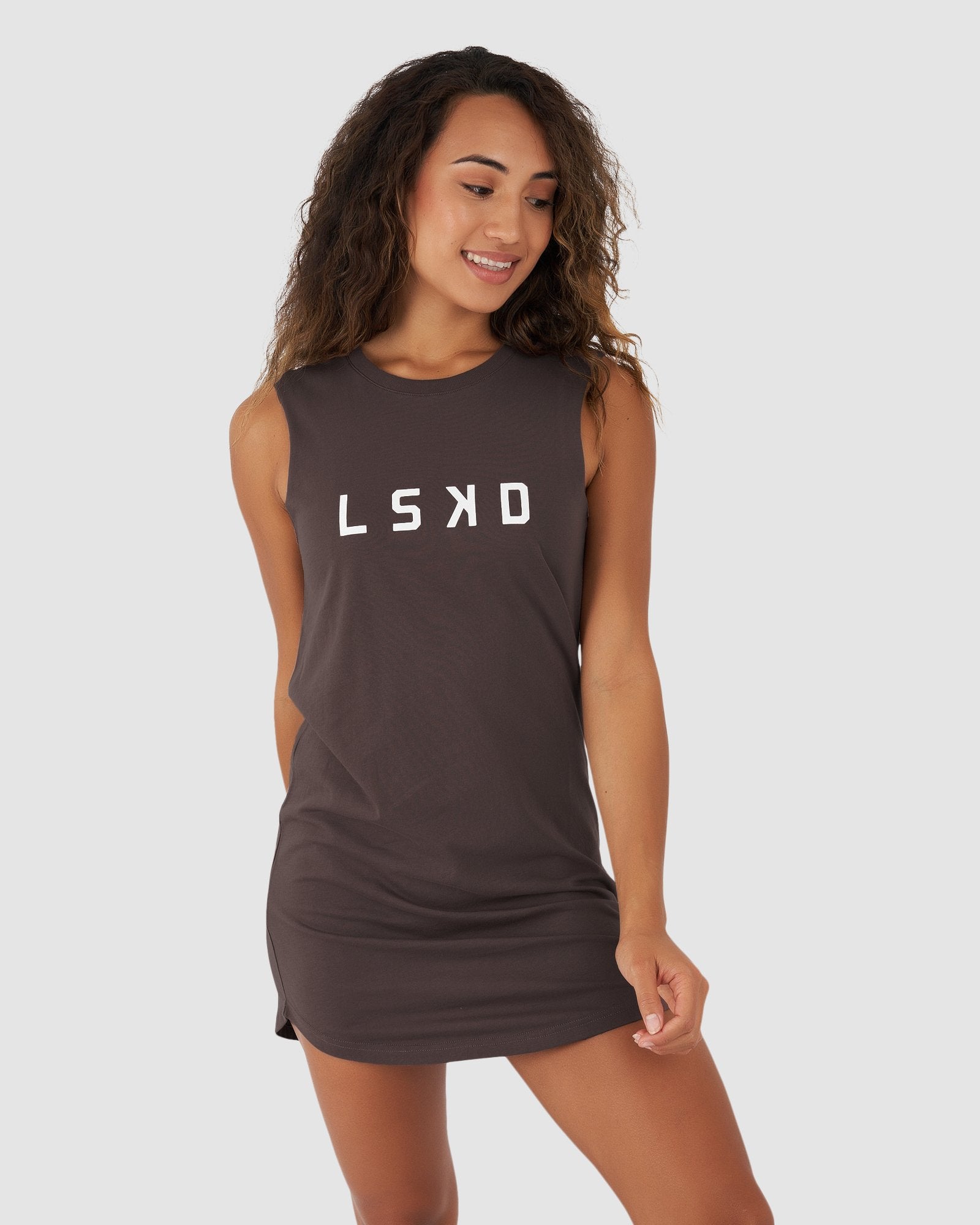 Model wearing Structure Dress - Peppercorn