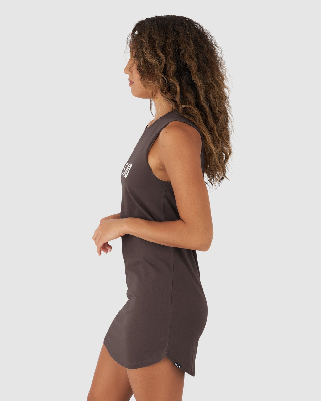 Model wearing Structure Dress - Peppercorn