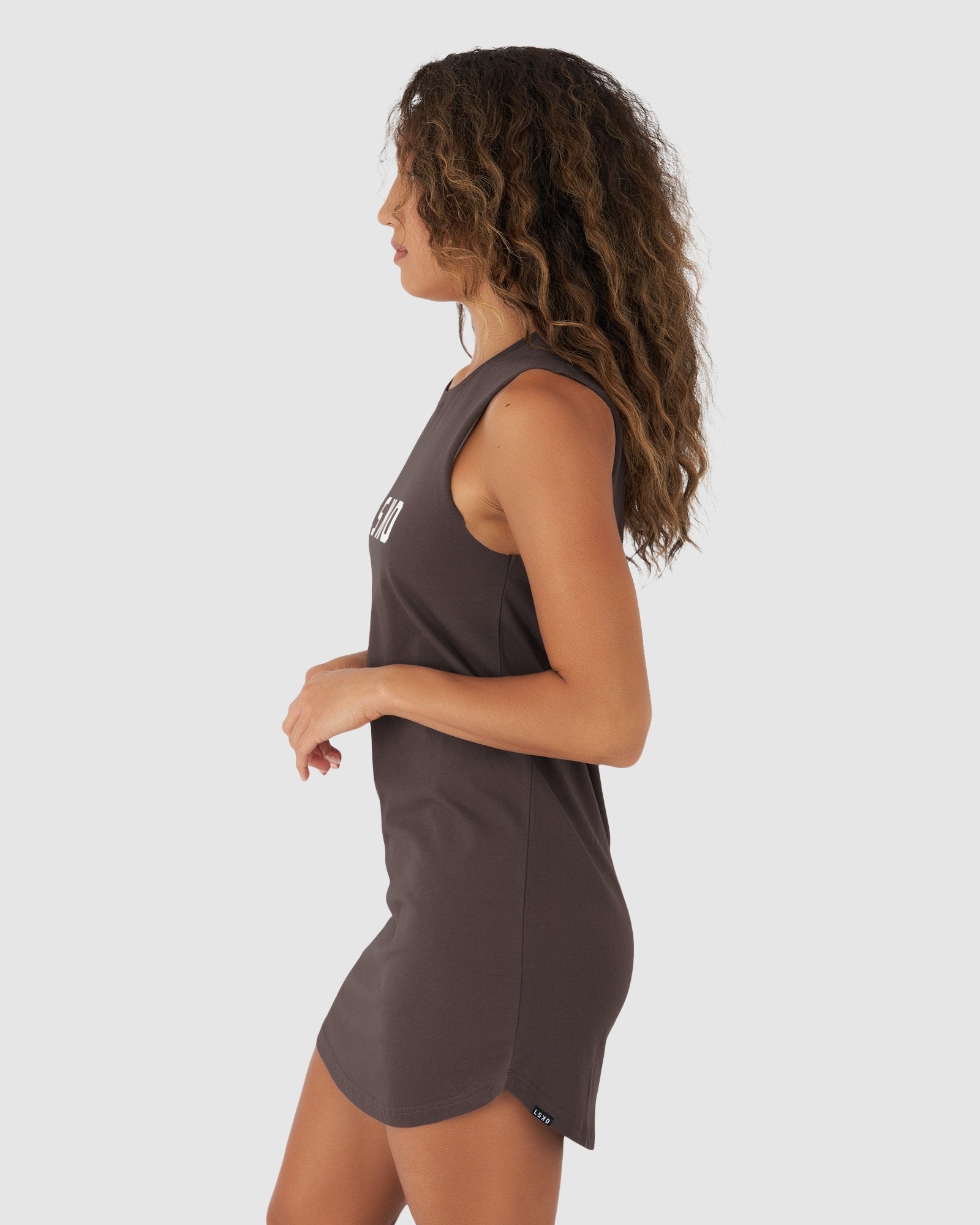 Model wearing Structure Dress - Peppercorn