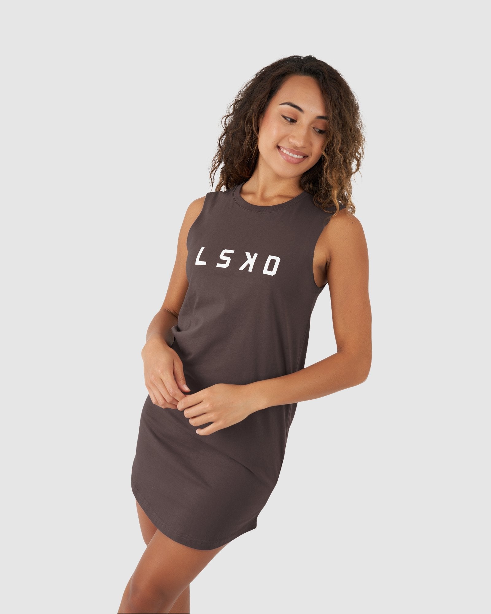 Model wearing Structure Dress - Peppercorn