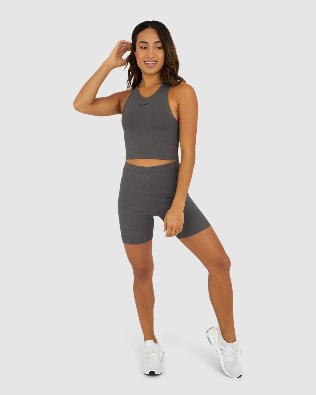 Model wearing Dymo Ribbed Short Tight - Shade