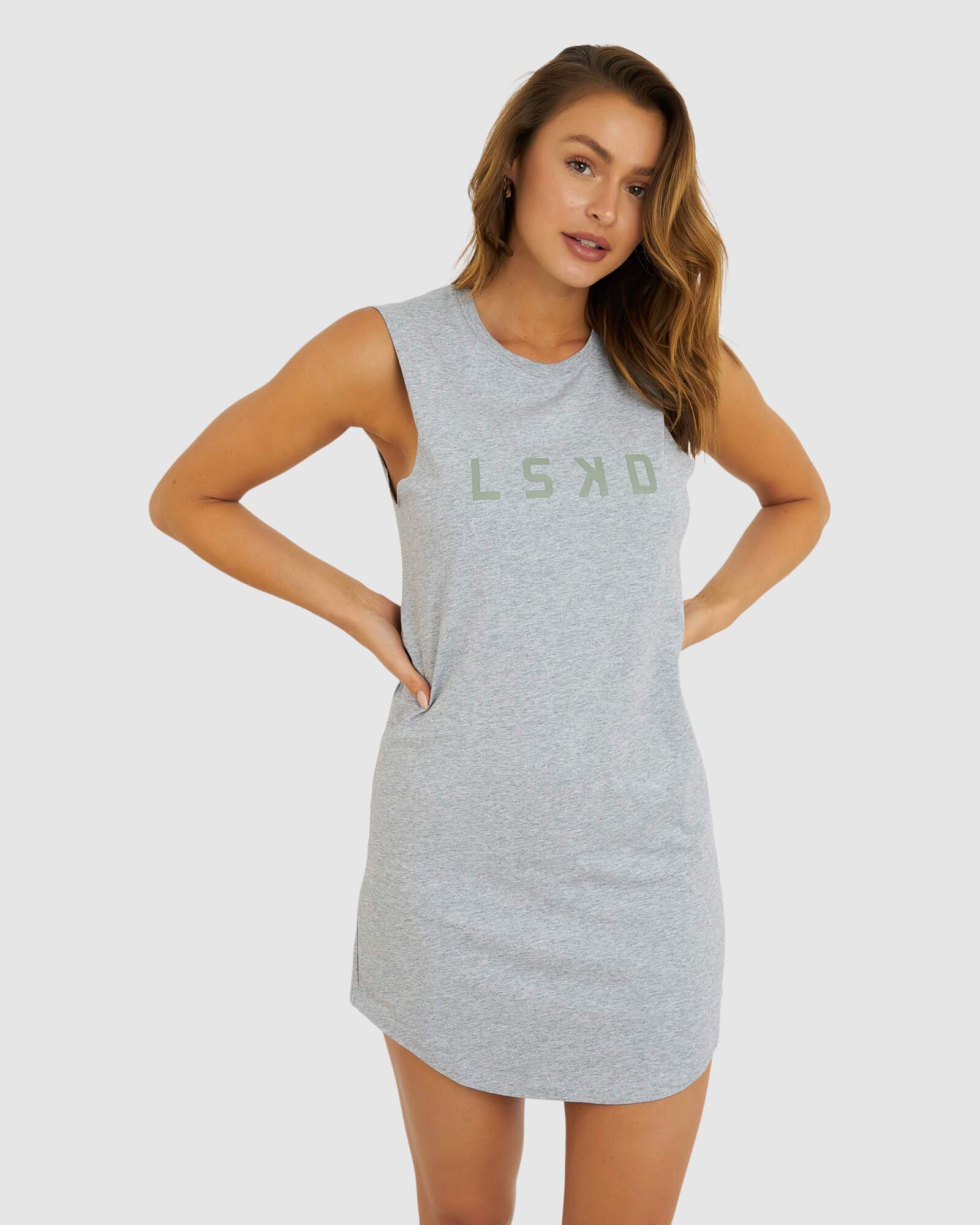 Model wearing Structure Dress - Lt Grey Marle-Dusty Olive